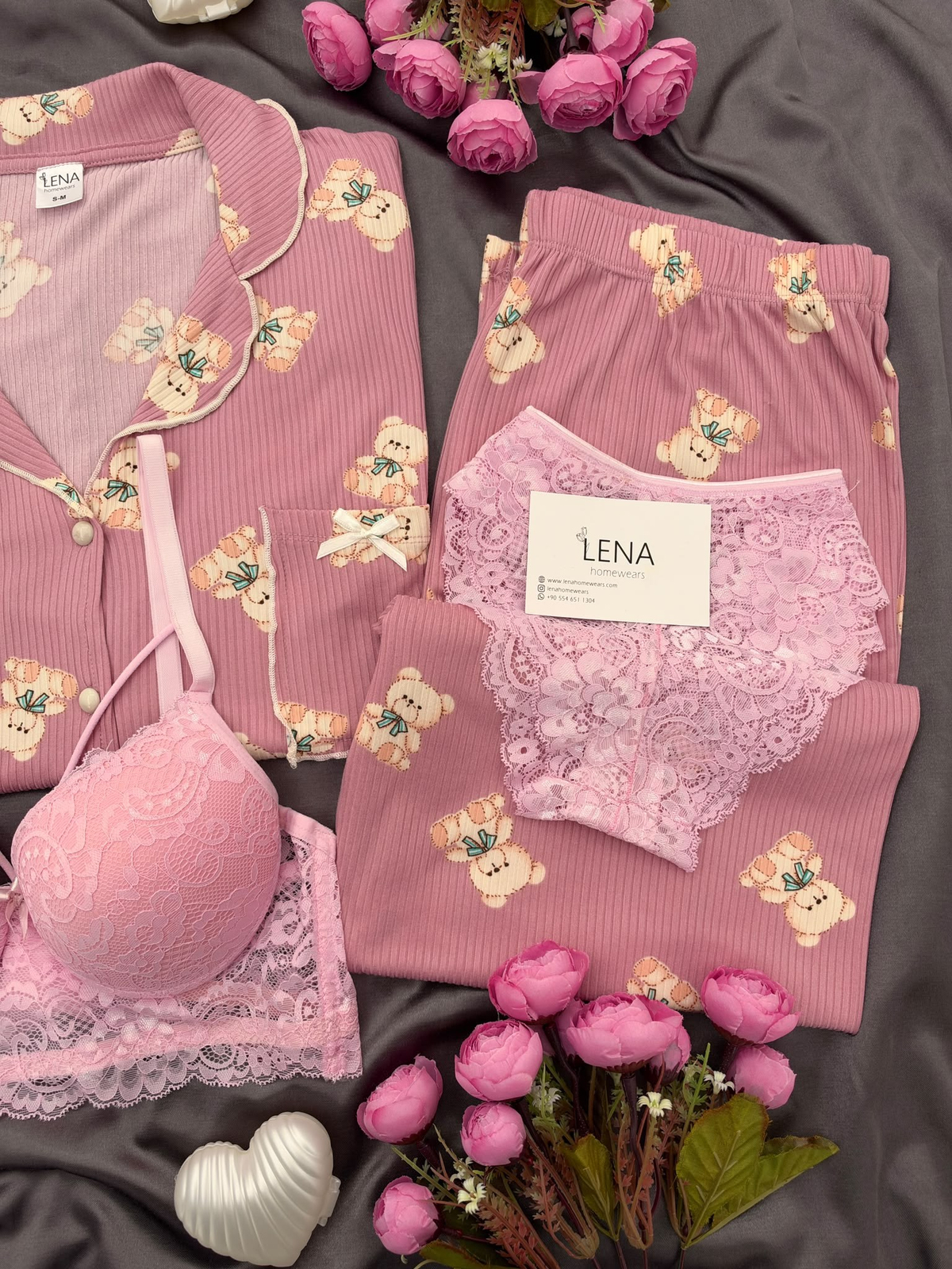 Pudra Ayıcık Uzun Kollu Termosoft 4'lü Pijama Takımı