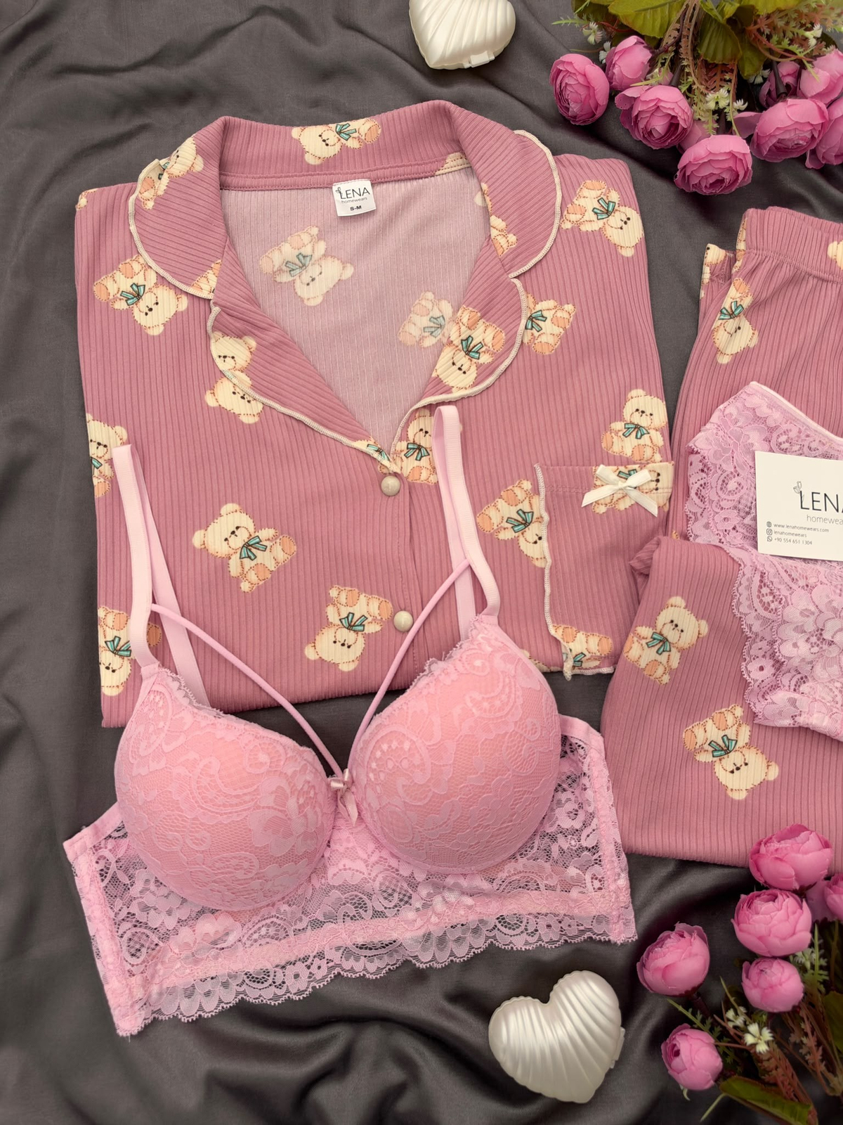 Pudra Ayıcık Uzun Kollu Termosoft 4'lü Pijama Takımı