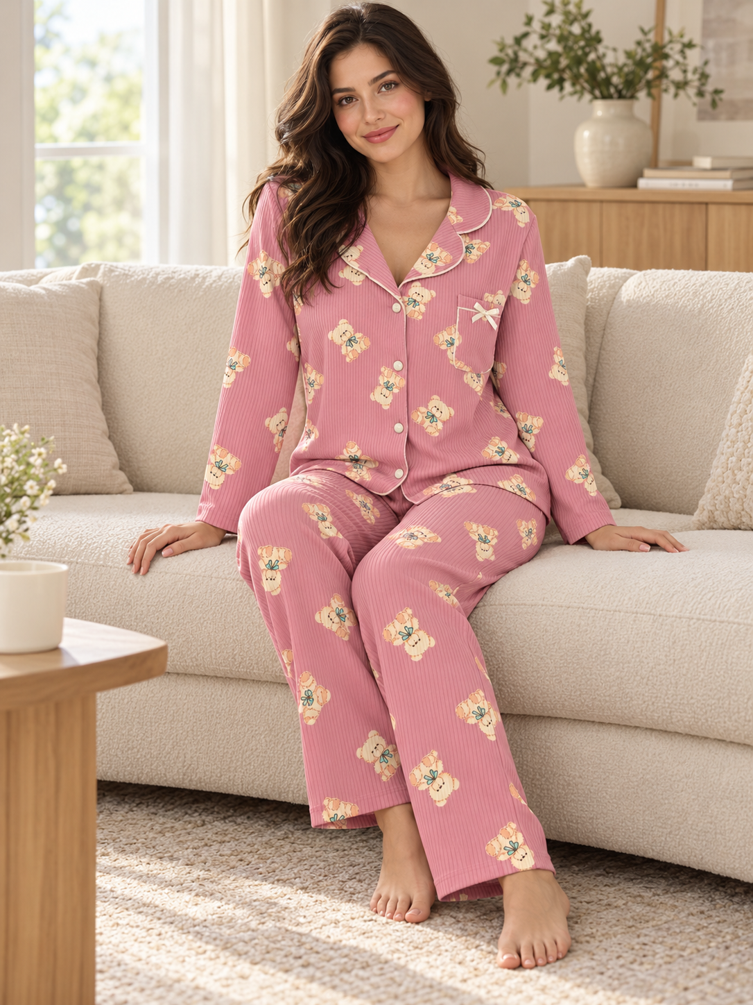 Pudra Ayıcık Uzun Kollu Termosoft Pijama Takımı