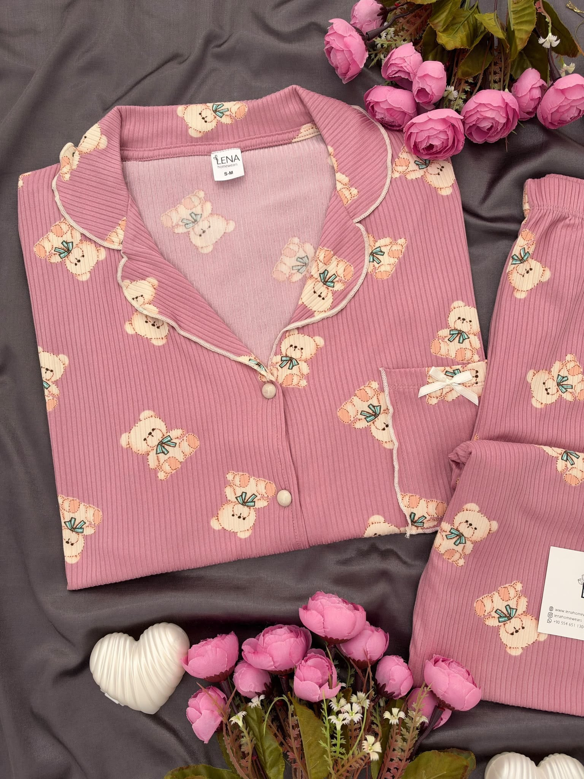 Pudra Ayıcık Uzun Kollu Termosoft Pijama Takımı