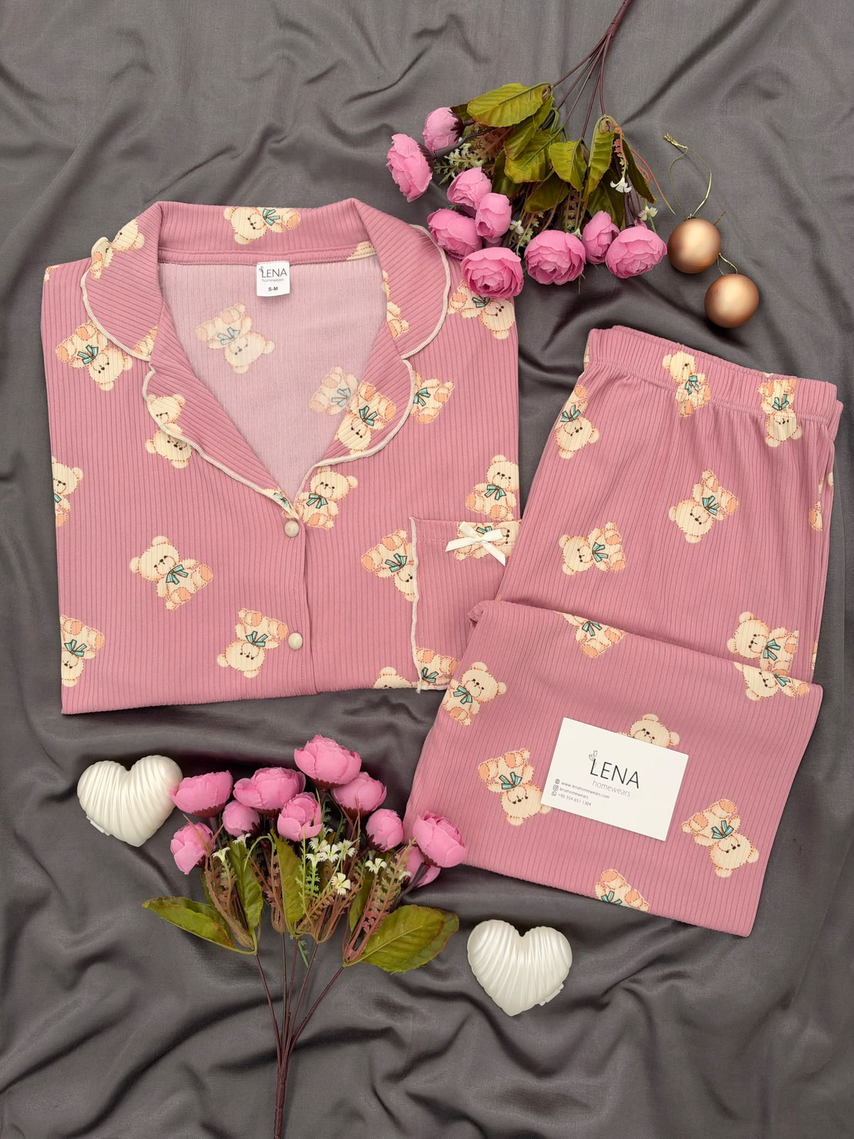Pudra Ayıcık Uzun Kollu Termosoft Pijama Takımı