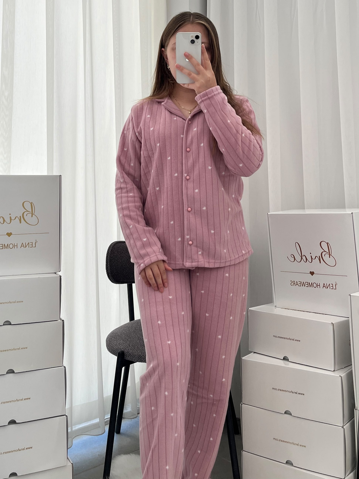 Pudra Kalplı Polar Pijama Takımı