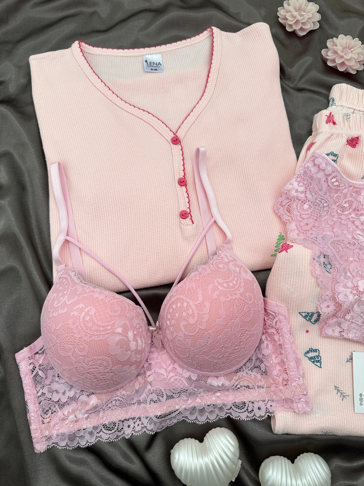 Pudra Kayak Desenli 4'lü Patlı Waffle Pijama Takımı