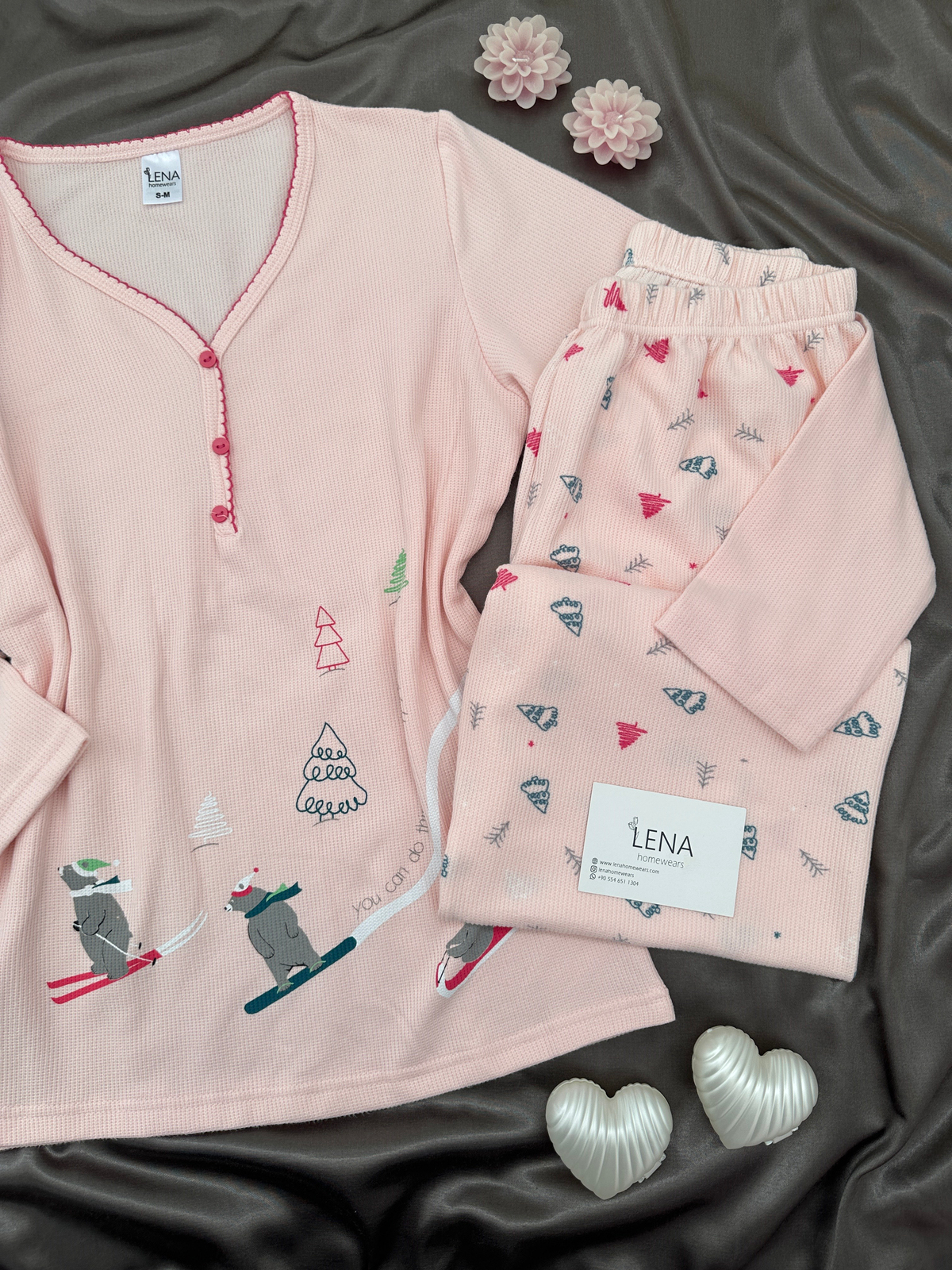 Pudra Kayak Desenli Patlı Waffle Pijama Takımı