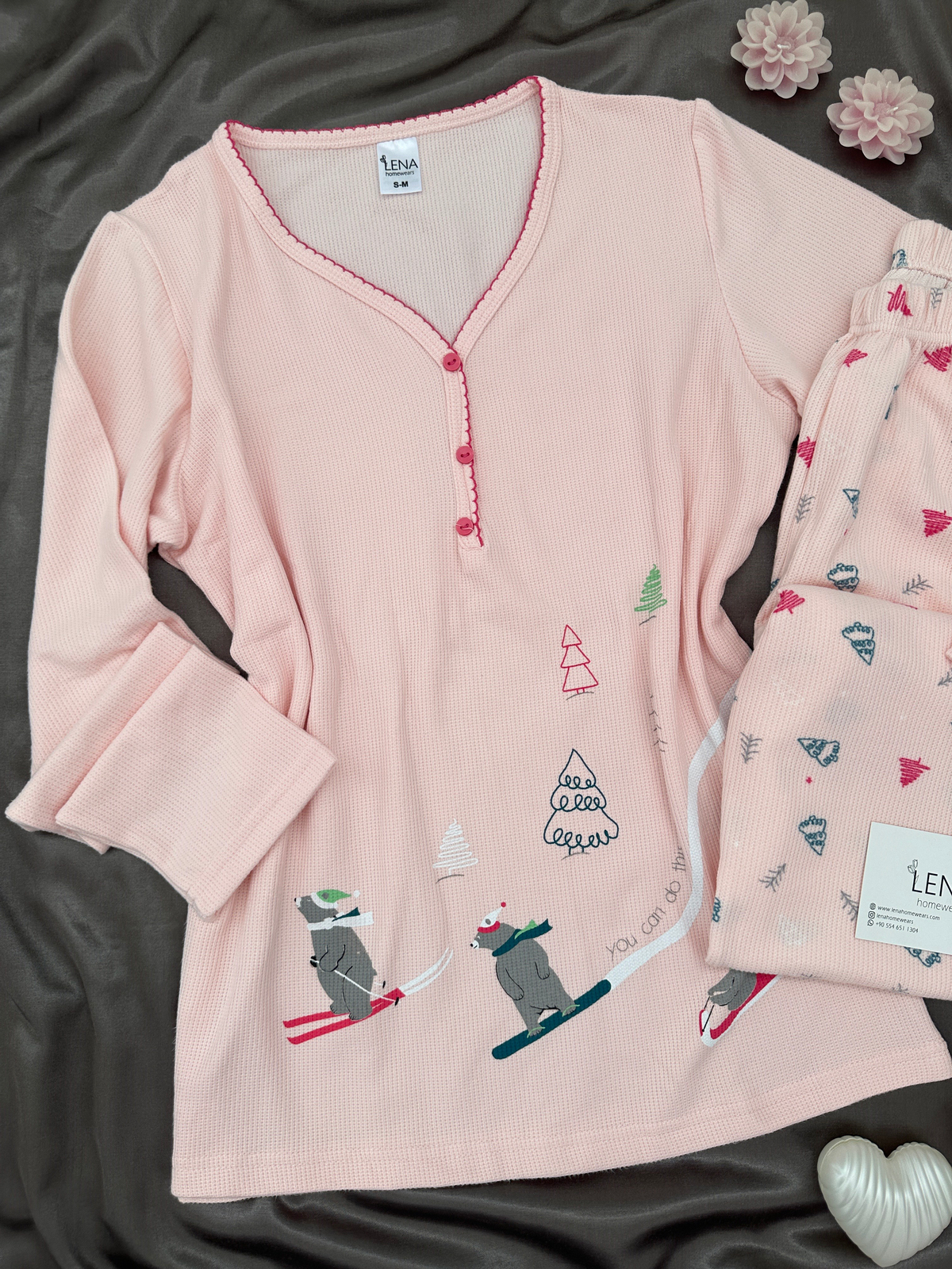 Pudra Kayak Desenli Patlı Waffle Pijama Takımı