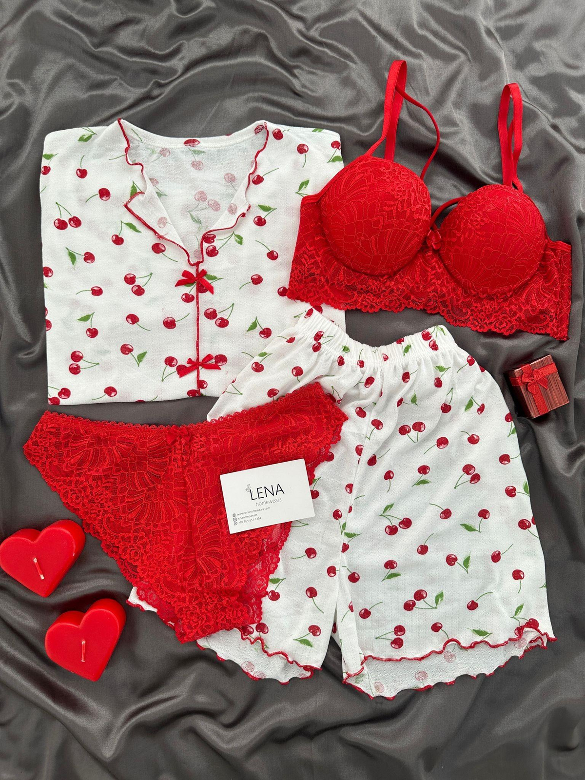 Pureks Kirazlı İç Çamaşırlı Şortlu Pijama Takım