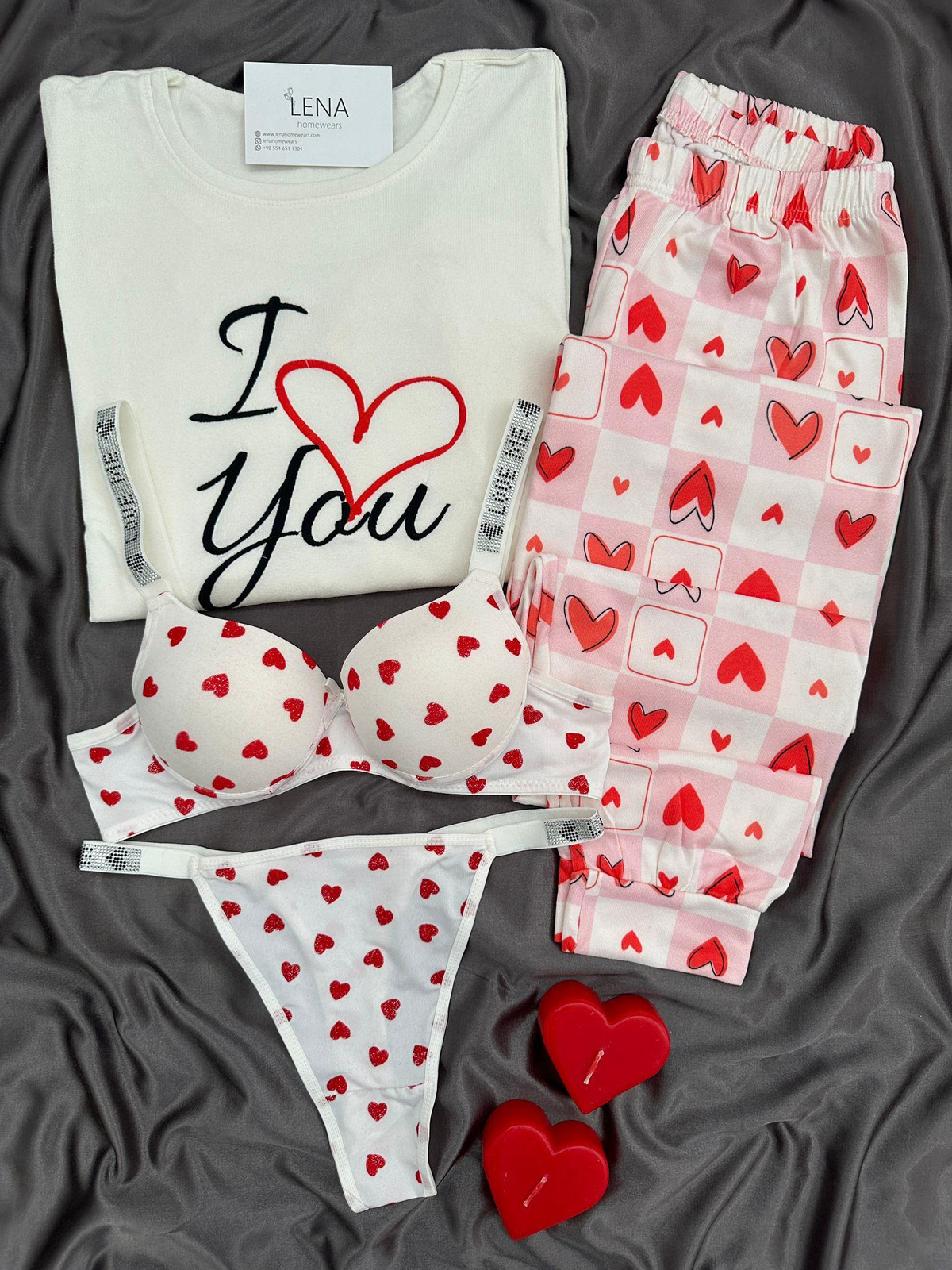 Romantik Sevgilim Dört Parça Pijama Çamaşır Seti