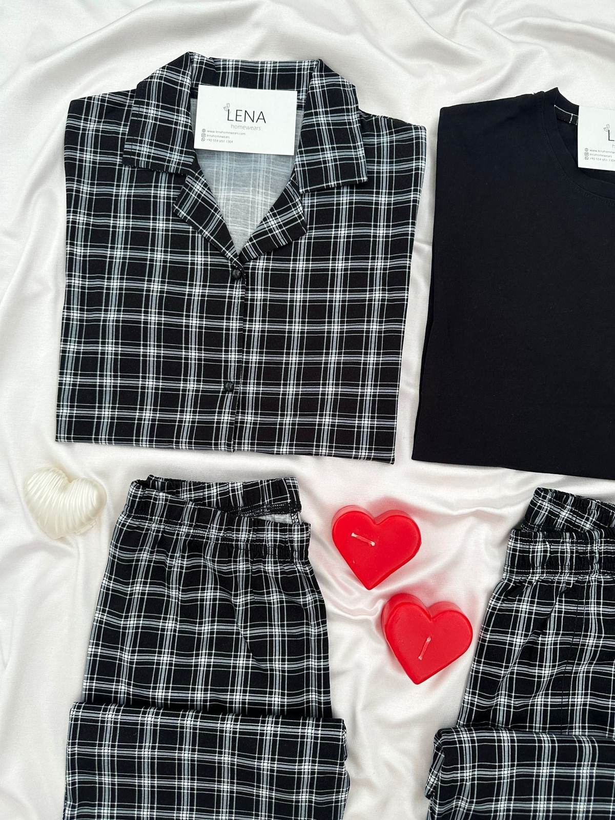 Siyah & Beyaz Ekose Çift Pijama Seti
