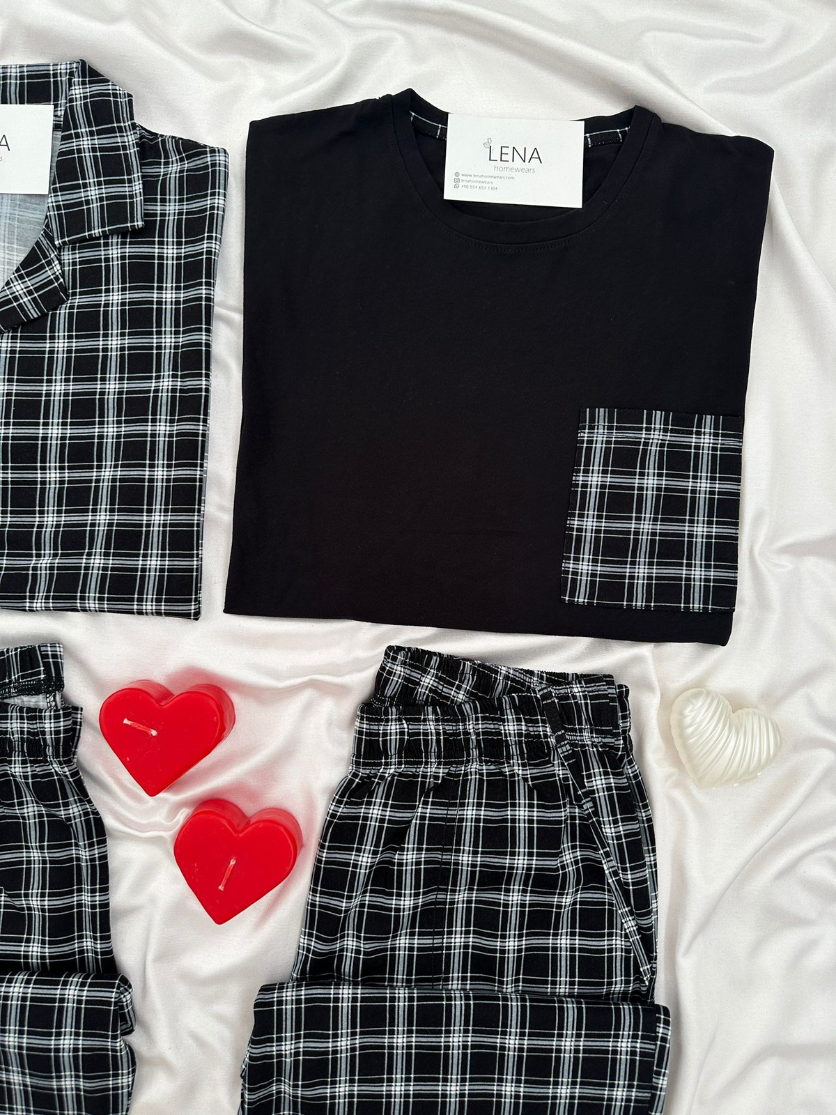 Siyah & Beyaz Ekose Çift Pijama Seti