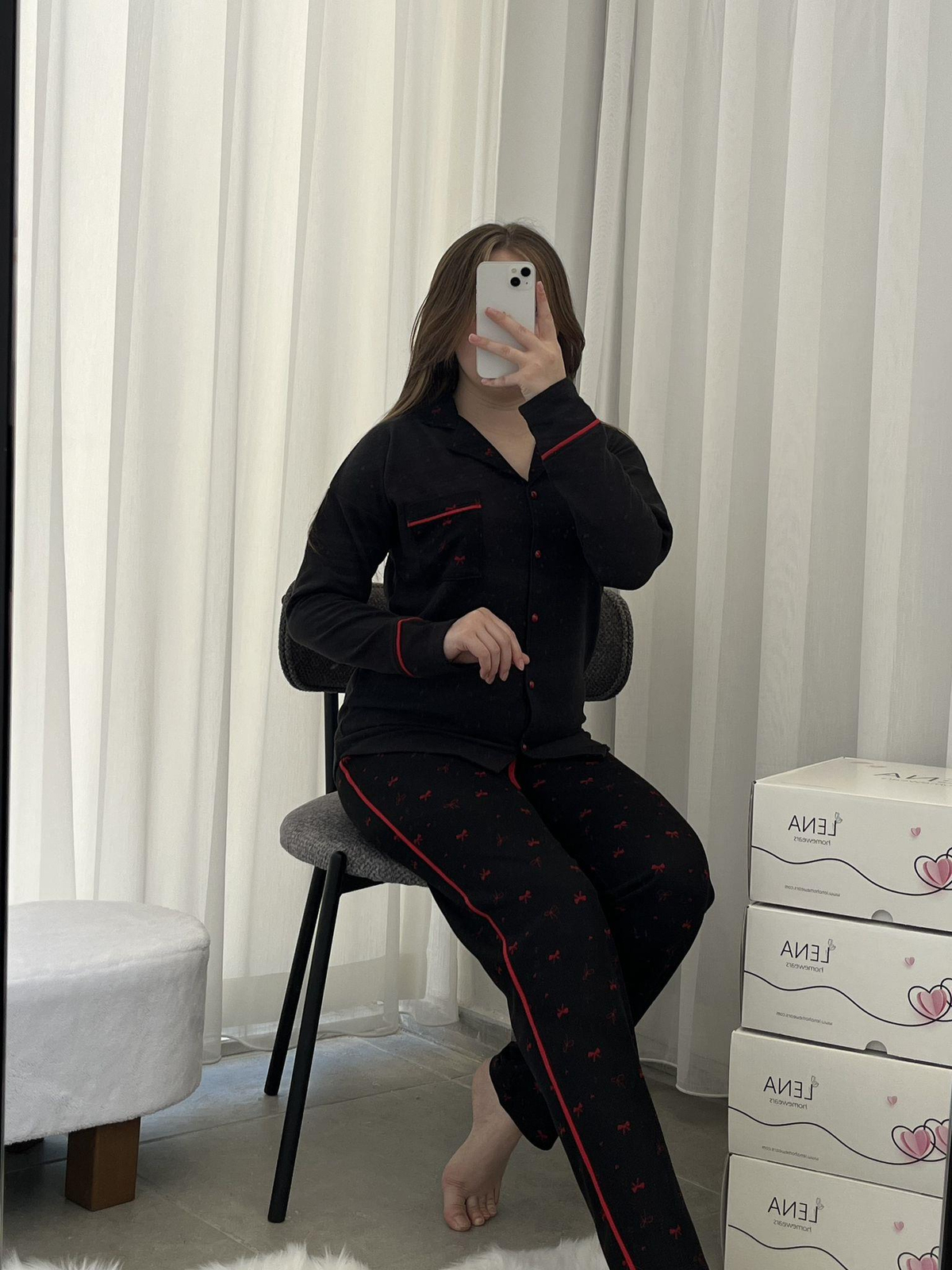 Siyah Fiyonklu Dantel Şeritli Dörtlü Pijama Seti