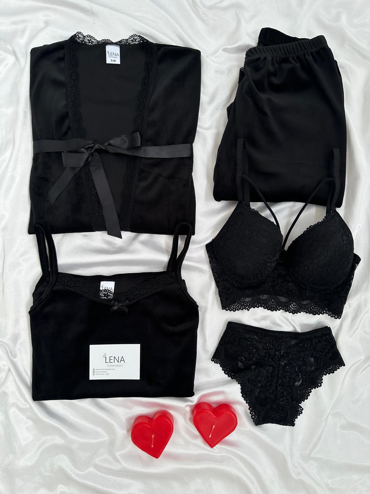 Siyah Kadife Sabahlıklı 5’li Pijama Set