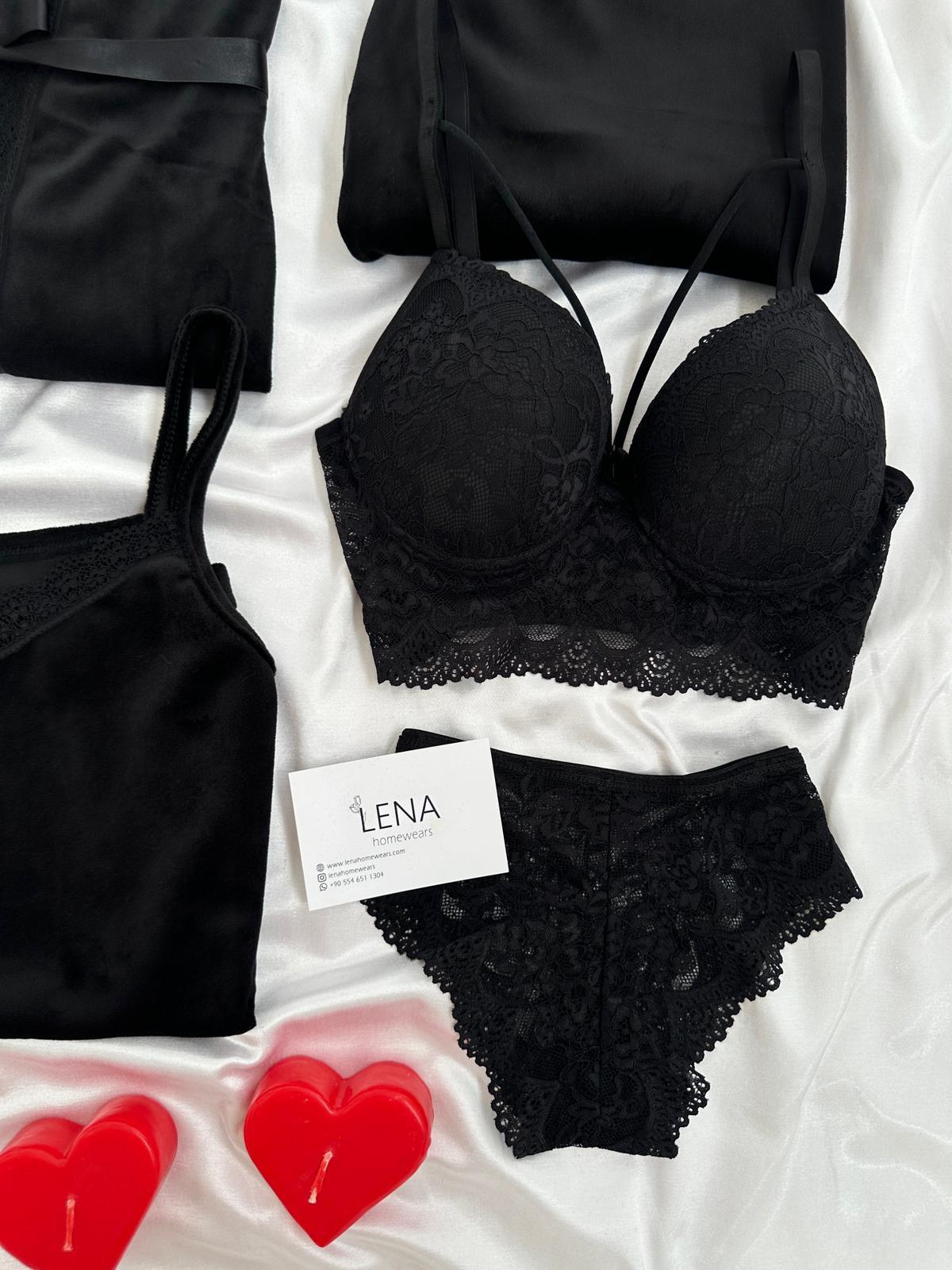 Siyah Kadife Sabahlıklı 5’li Pijama Set