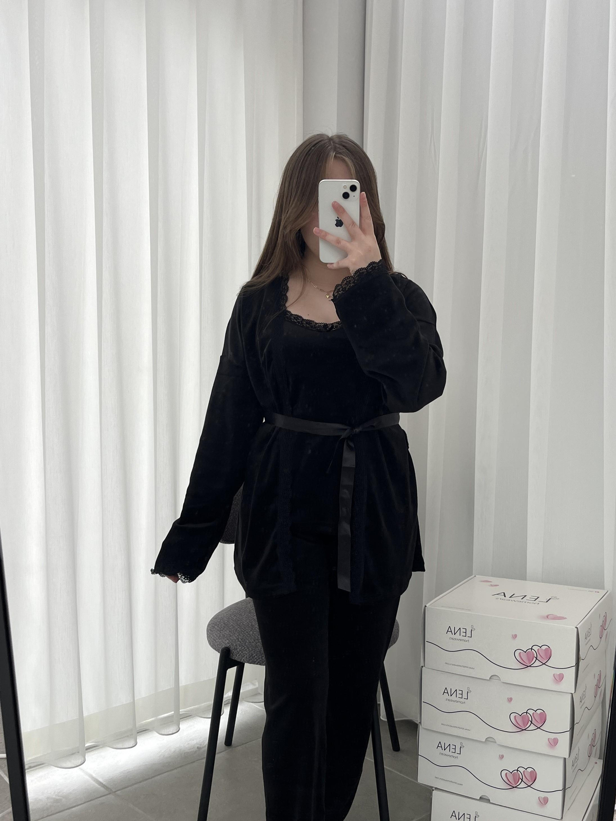 Siyah Kadife Sabahlıklı 5’li Pijama Set