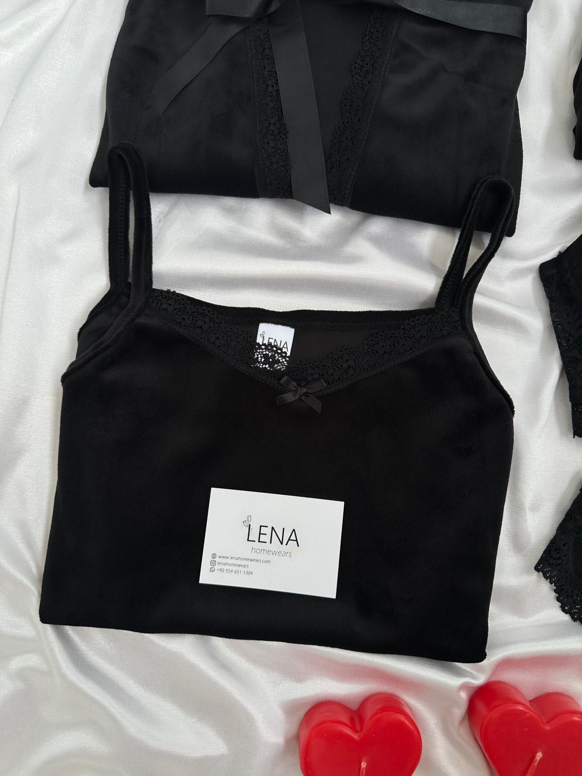 Siyah Kadife Sabahlıklı 5’li Pijama Set