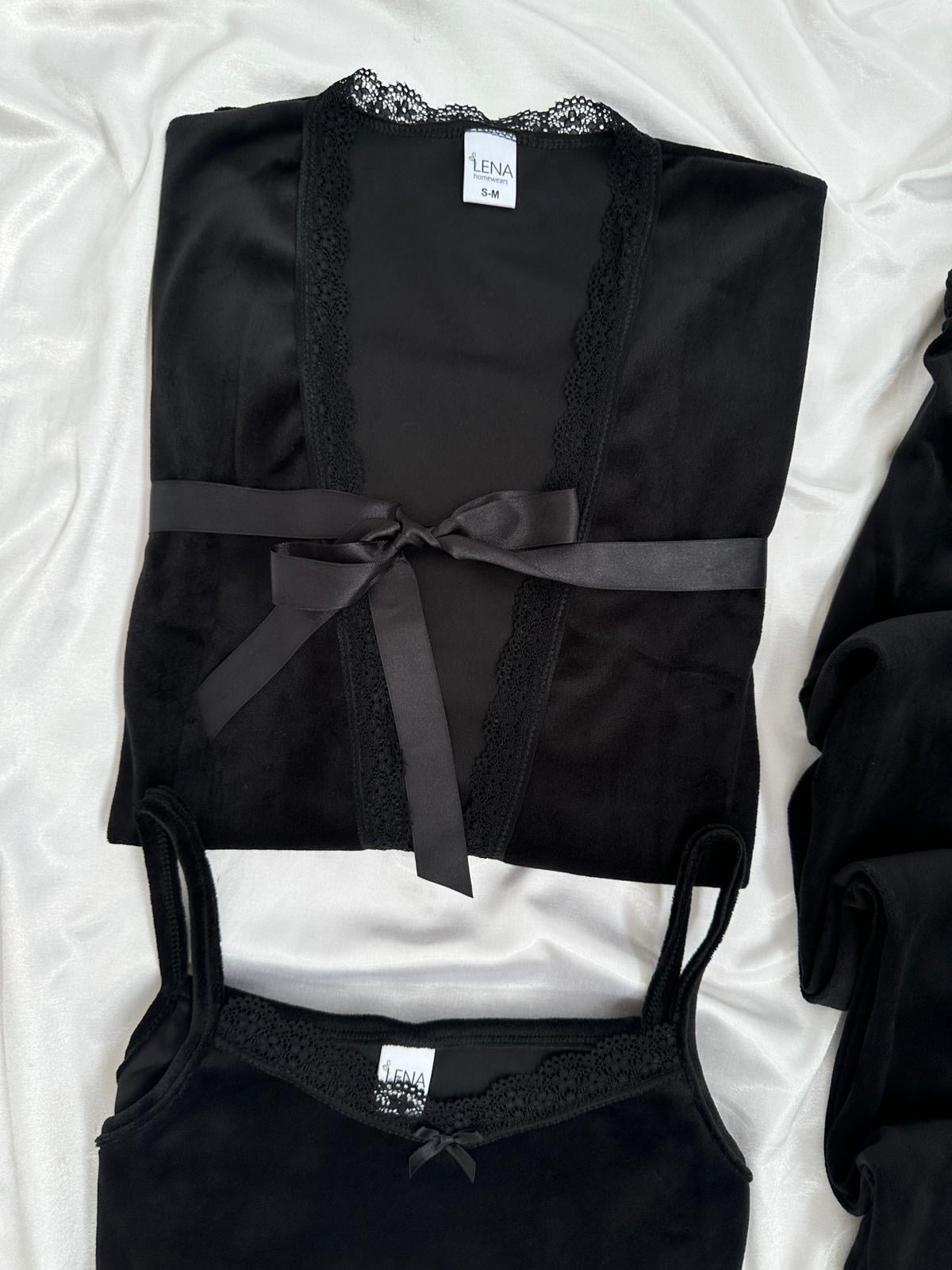 Siyah Kadife Sabahlıklı Kadın Pijama Takımı