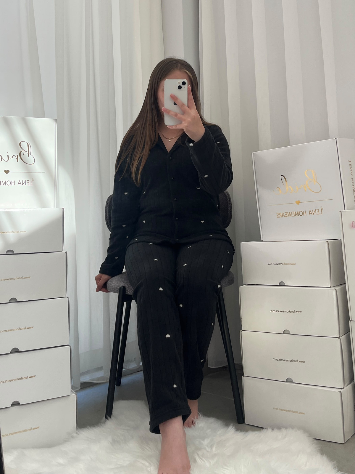 Siyah Kalp Desenli 4'lü Polar Uzun Kollu Pijama Takımı