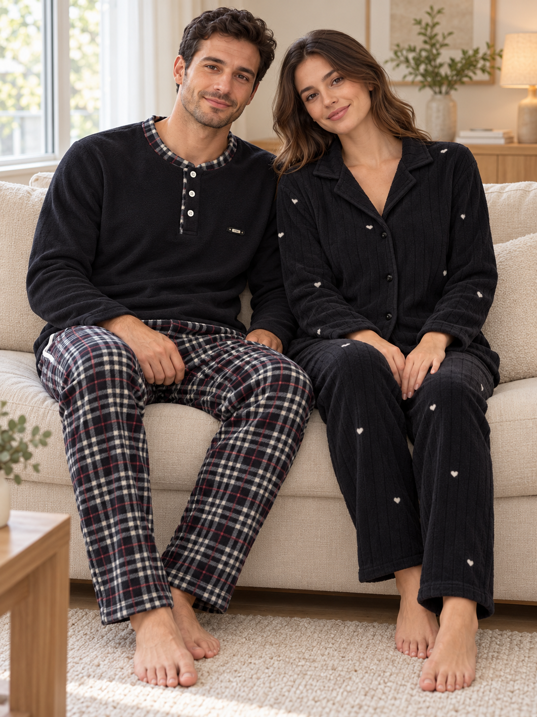 Siyah Kalp & Ekose Sevgili Çift Uzun Kollu Pijama Takımı (2'Lİ SET)