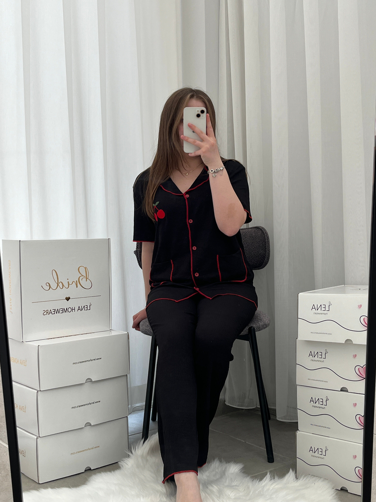 Siyah Kiraz İşlemeli Bürümcük Dörtlü Pijama Takımı🍒