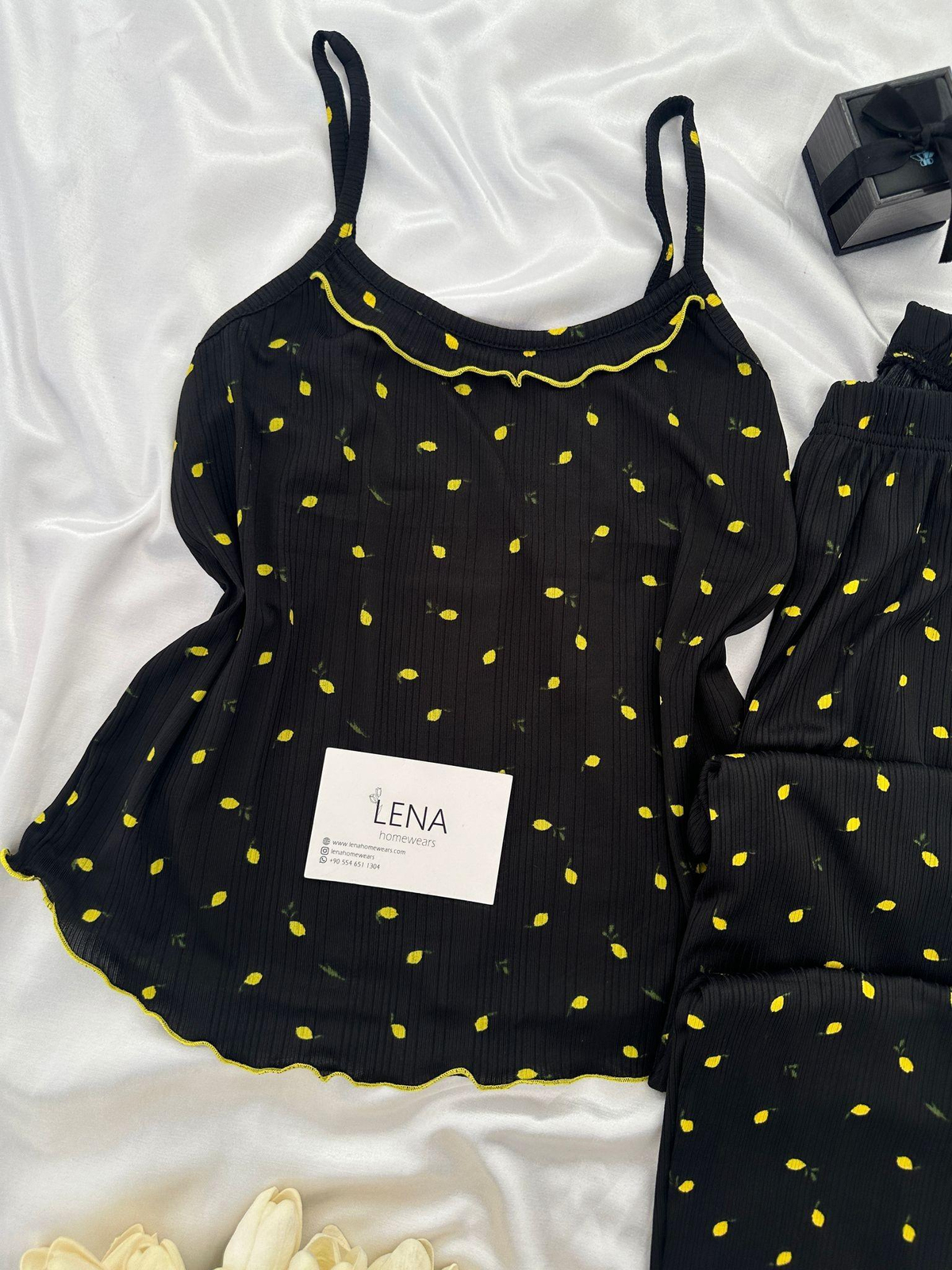 Siyah Limon Dörtlü Askılı Pijama Takımı 