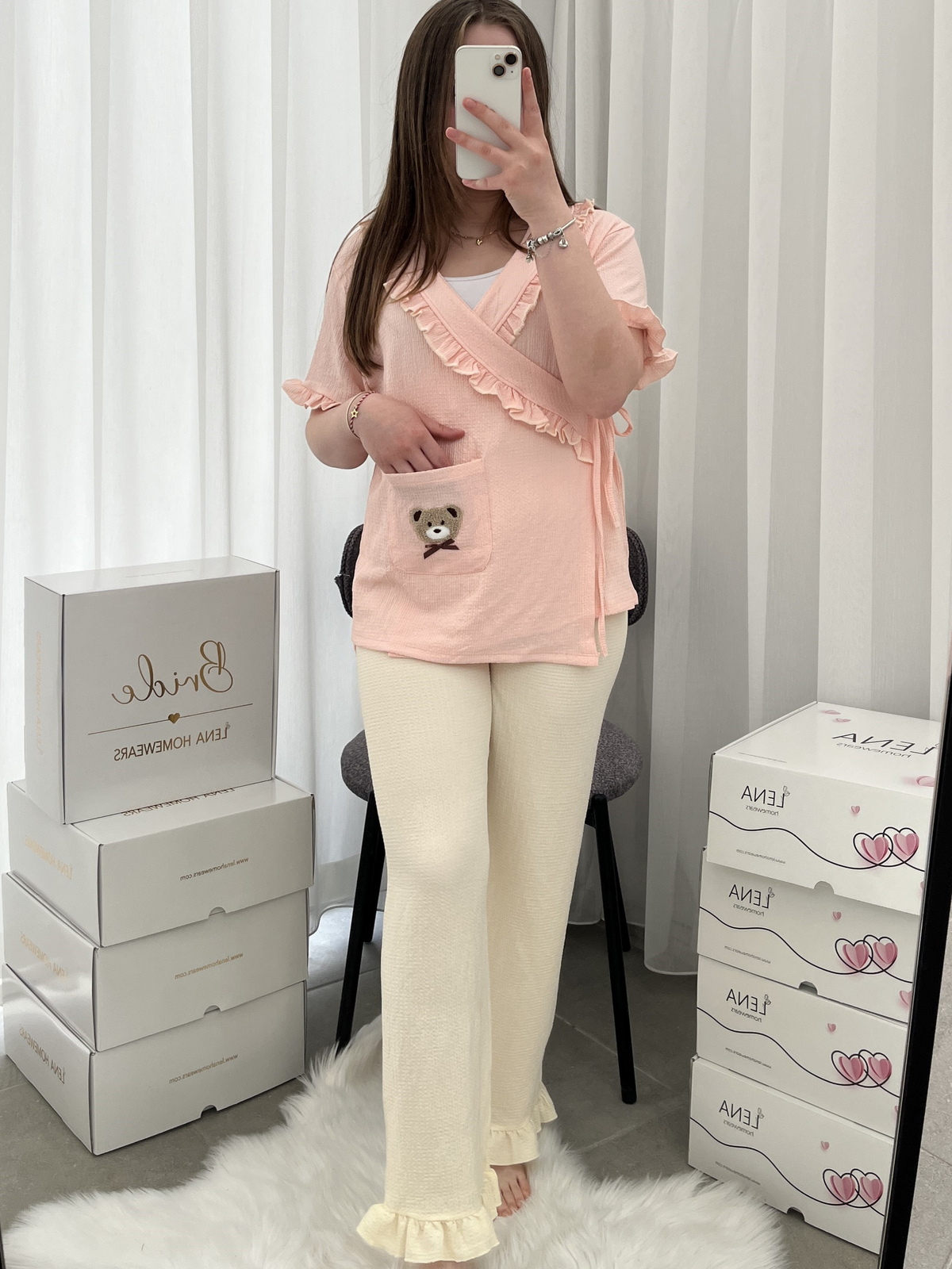 Somon Ayıcık İşlemeli Bürümcük Sabahlık Pijama Takımı