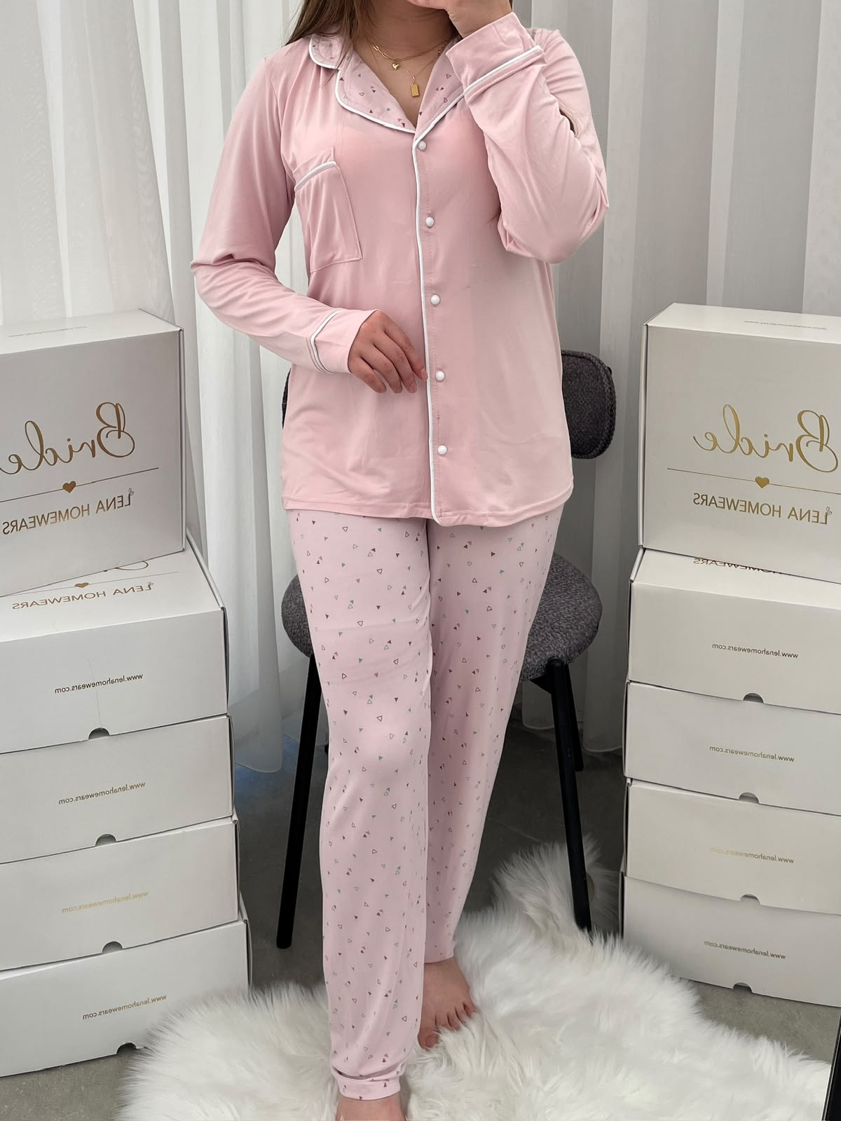 Üçgen Desenli Pembe Milan Uzun Kollu 4'lü Pijama Takımı