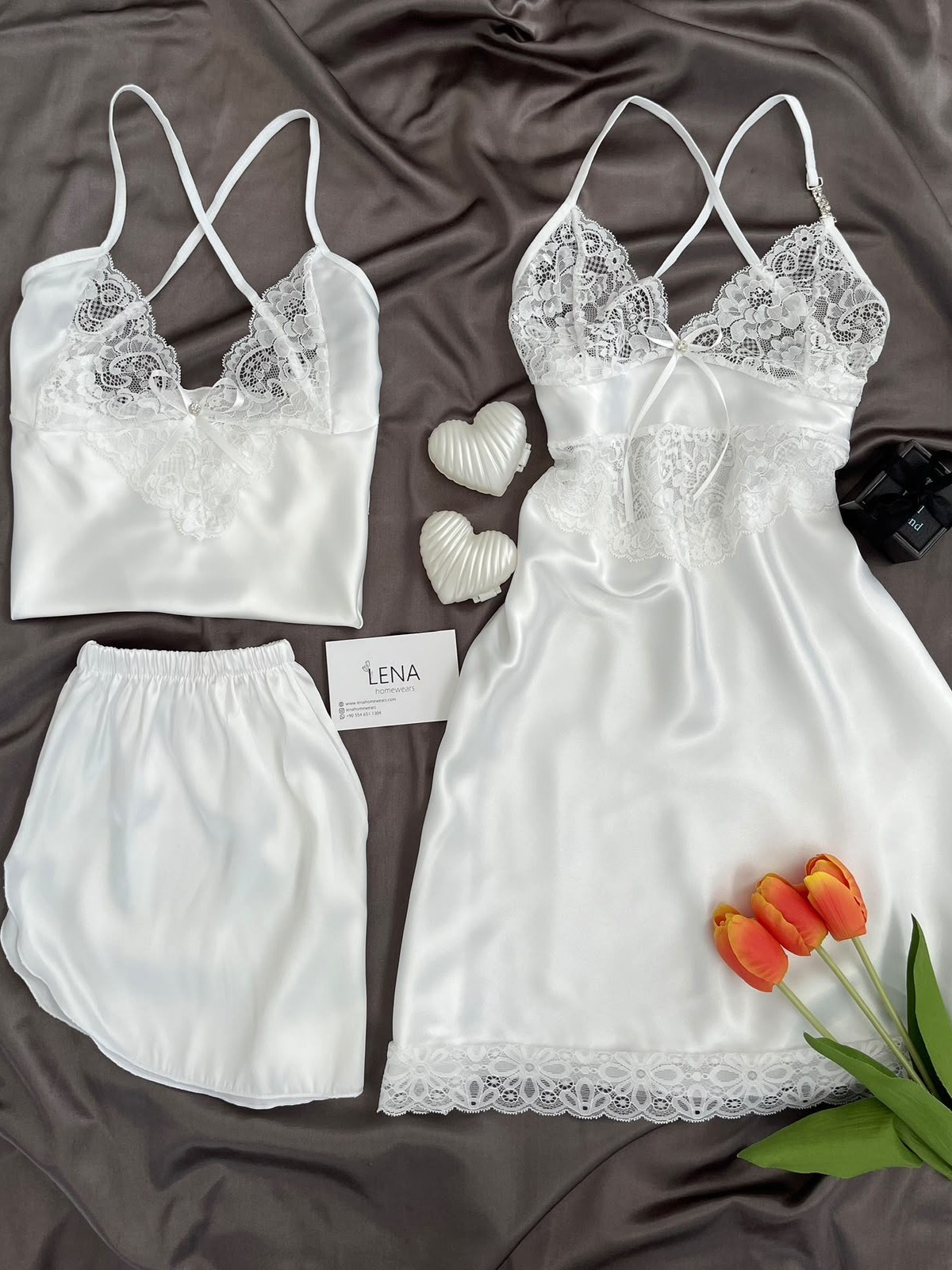White Diva 3'lü Saten Takım