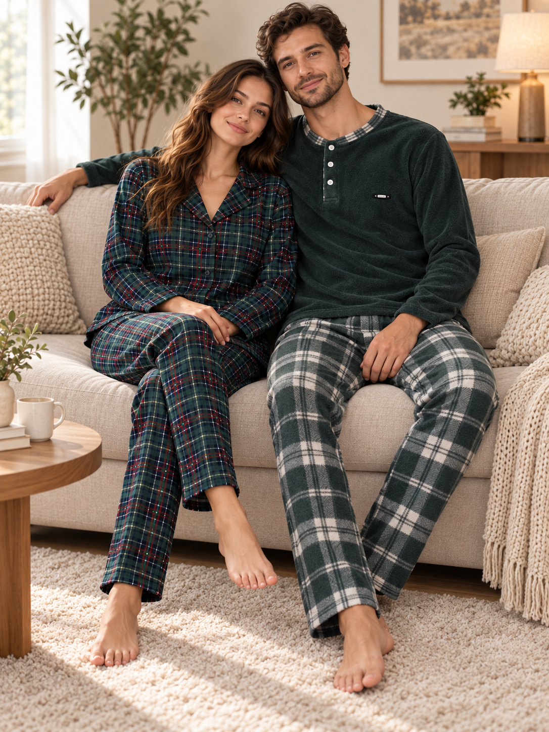 Yeşil Ekose Günlük Rahat Sevgili Çift Uzun Kollu Pijama Takımı (2'li Set)