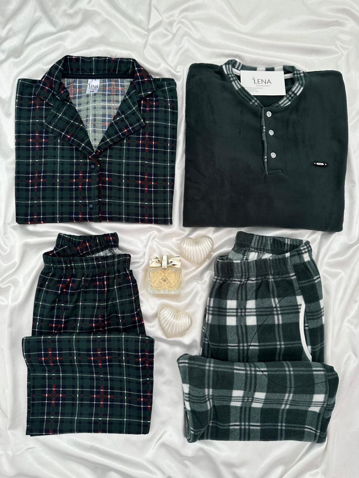 Yeşil Ekose Günlük Rahat Sevgili Çift Uzun Kollu Pijama Takımı (2'li Set)