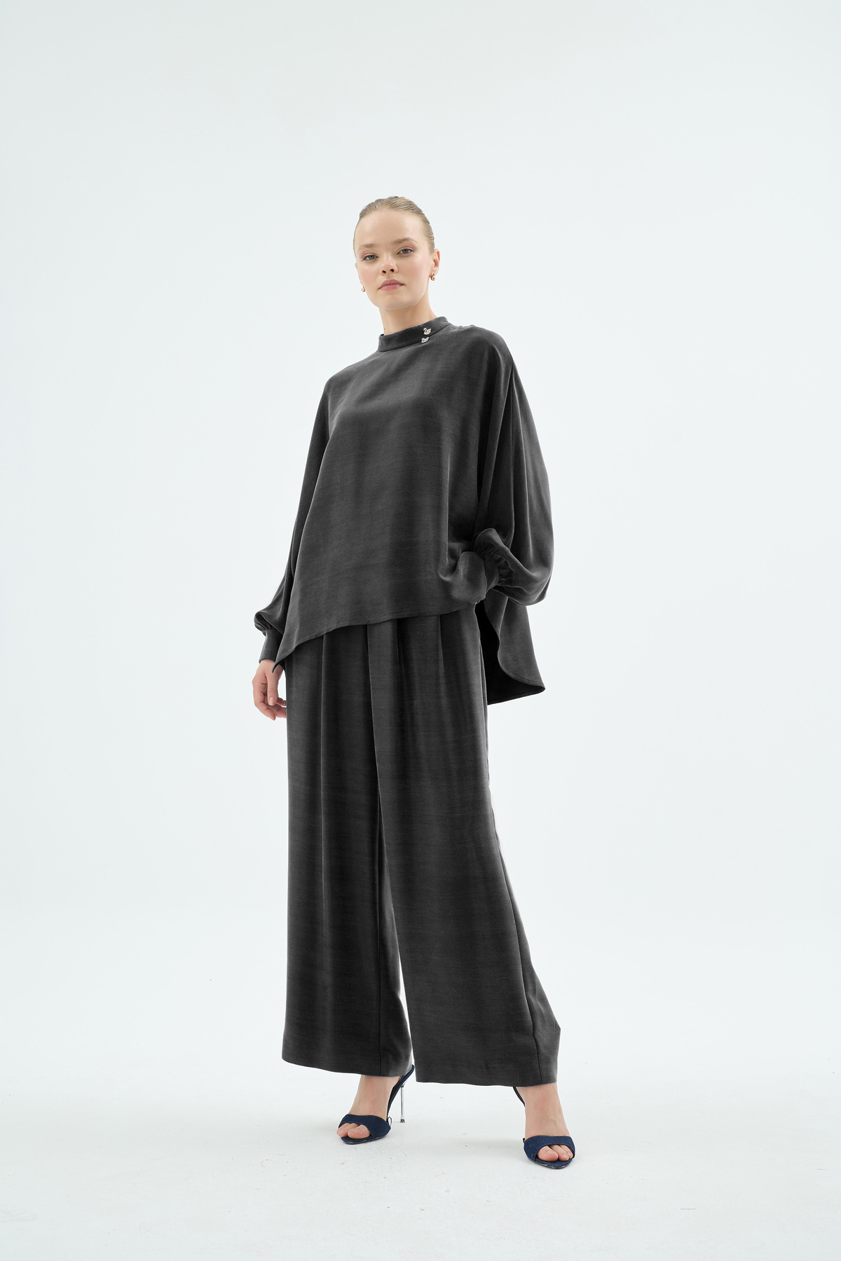 Lulu Balon Kol Oversize Bluz ve Pantolon 2'li Takım Siyah