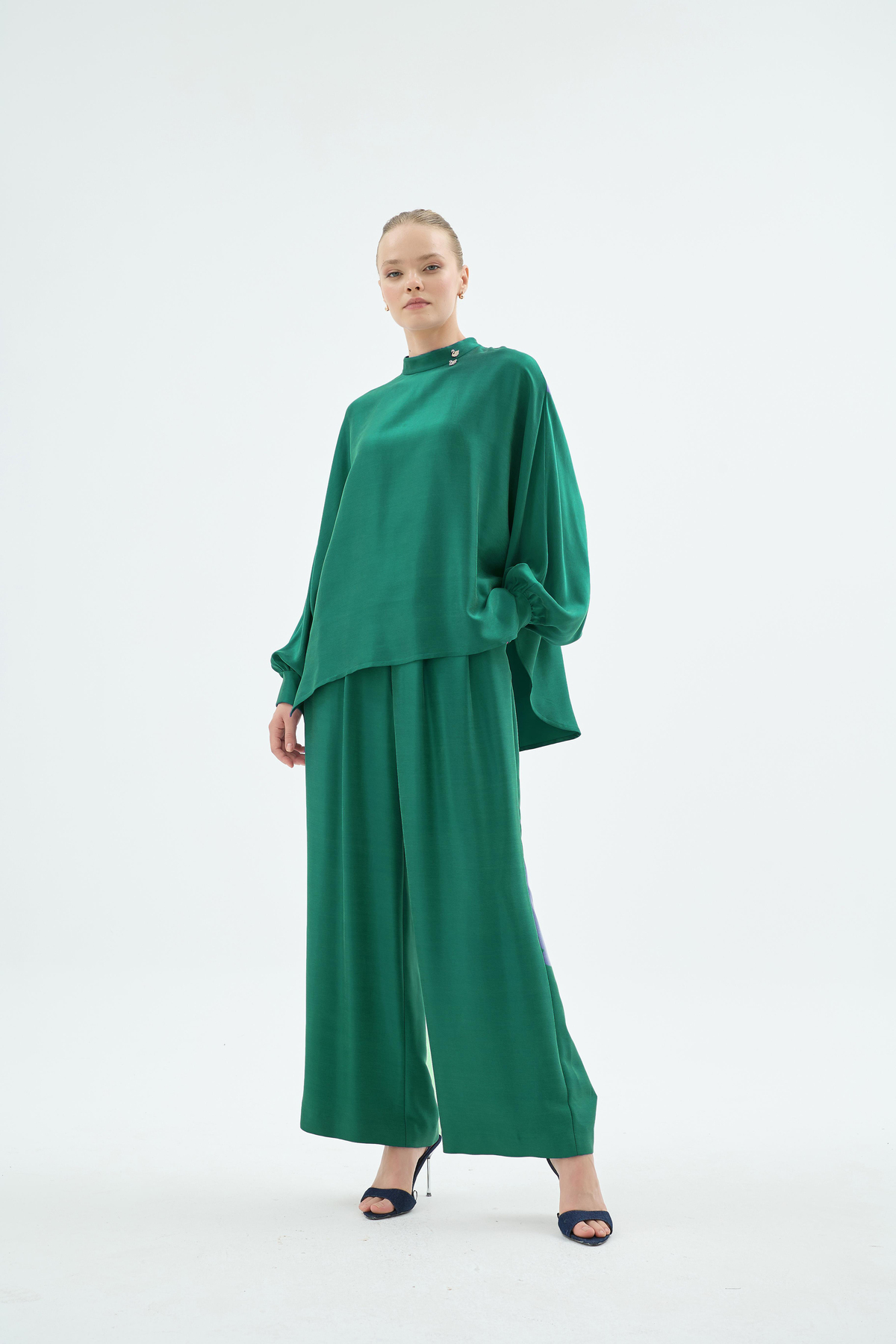 Lulu Balon Kol Oversize Bluz ve Pantolon 2'li Takım Zümrüt