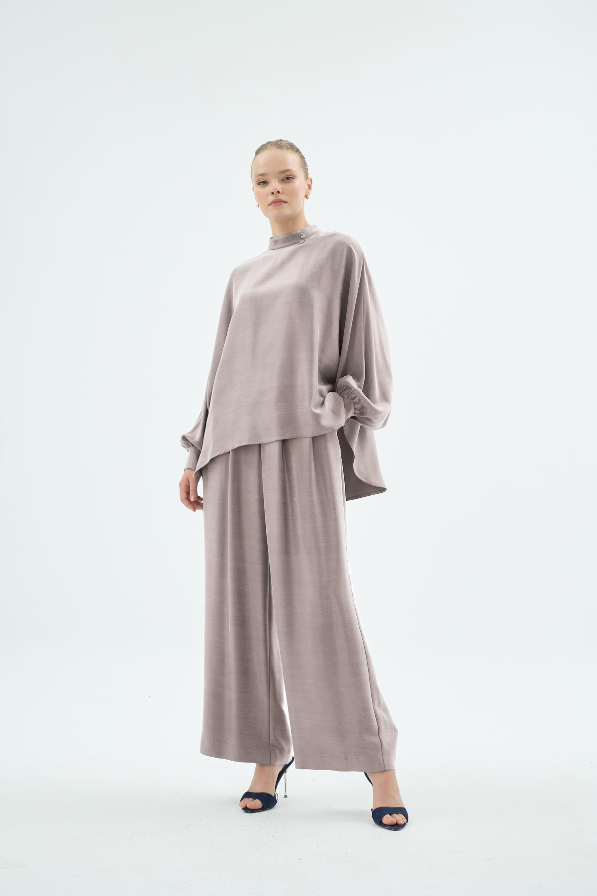 Lulu Balon Kol Oversize Bluz ve Pantolon 2'li Takım Taş
