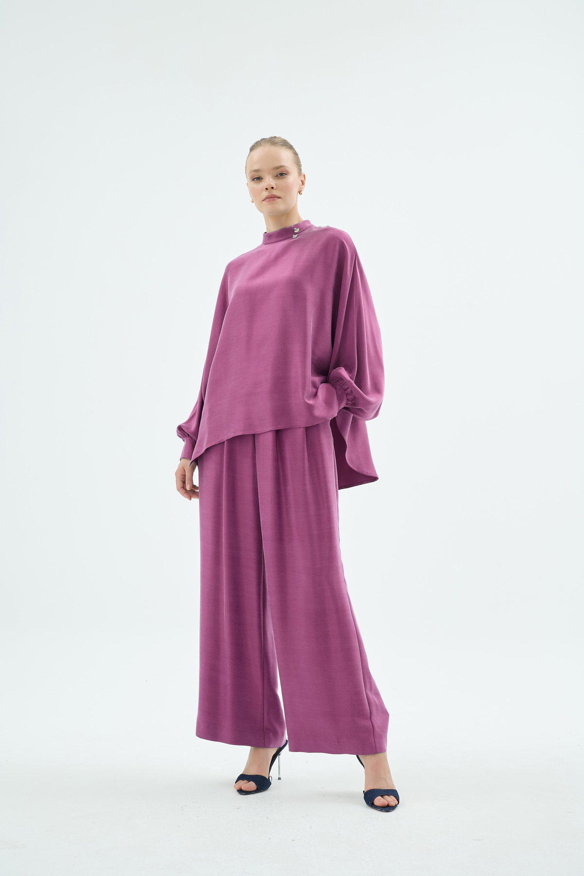 Lulu Balon Kol Oversize Bluz ve Pantolon 2'li Takım Fuşya
