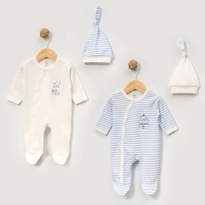 Bebek %100 Pamuklu 2'li Şapkalı Tulum Seti 0-3/3-6 Ay Yenidoğan Hastane Çıkışı Zıbın Seti