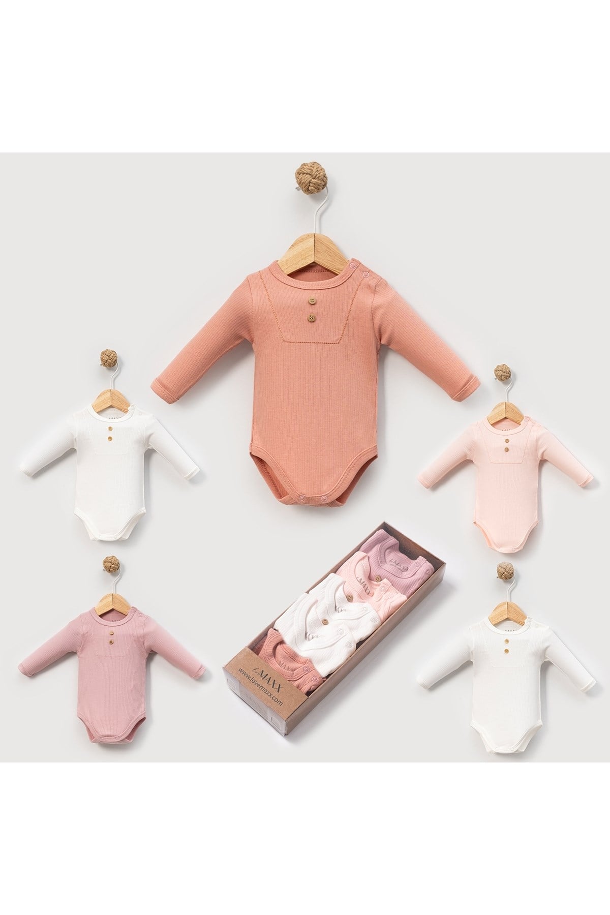 BEBEK UZUN KOLLU %100 PAMUKLU RAPORLU BİSİKLET YAKA ÇITÇITLI BODY&ZIBIN 5'Lİ TAKIM SET