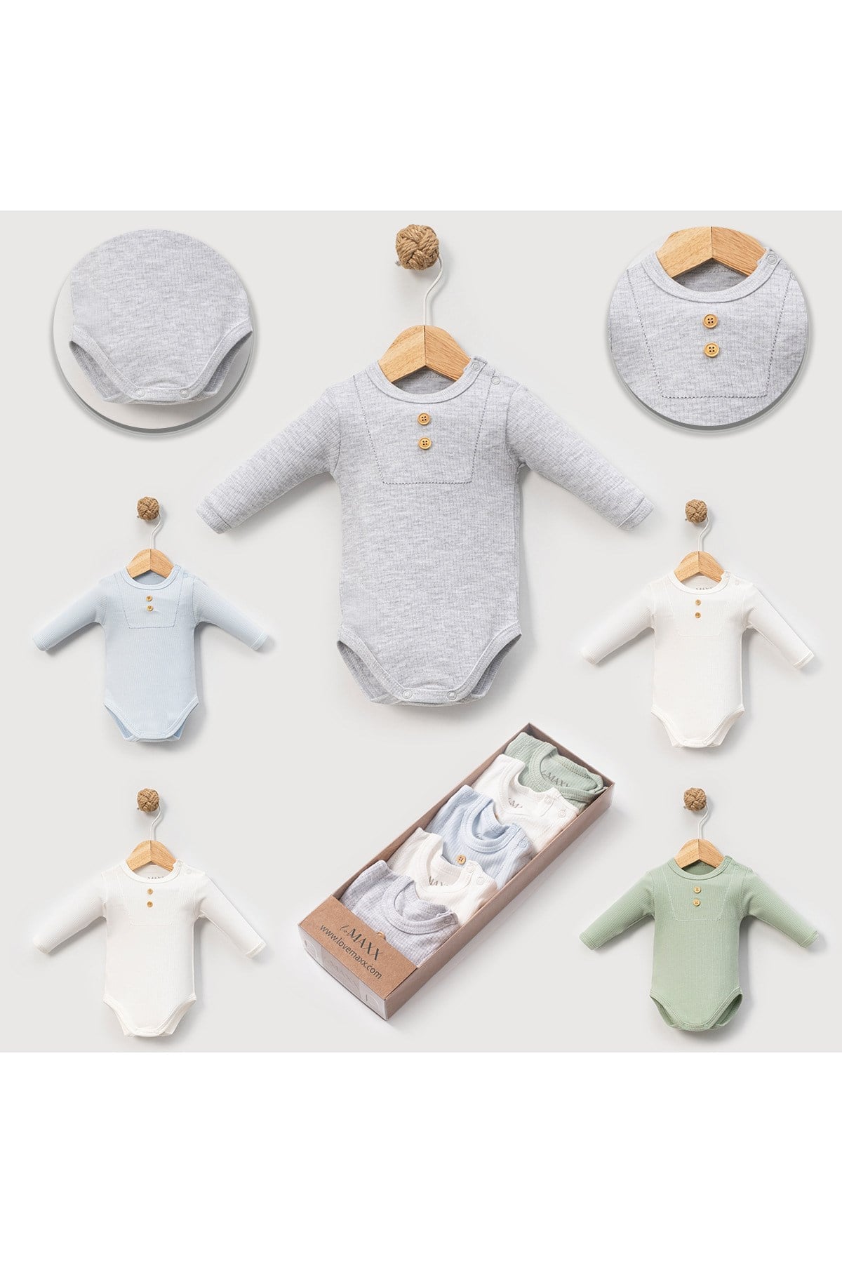 BEBEK UZUN KOLLU %100 PAMUKLU RAPORLU BİSİKLET YAKA ÇITÇITLI BODY&ZIBIN 5'Lİ TAKIM SET