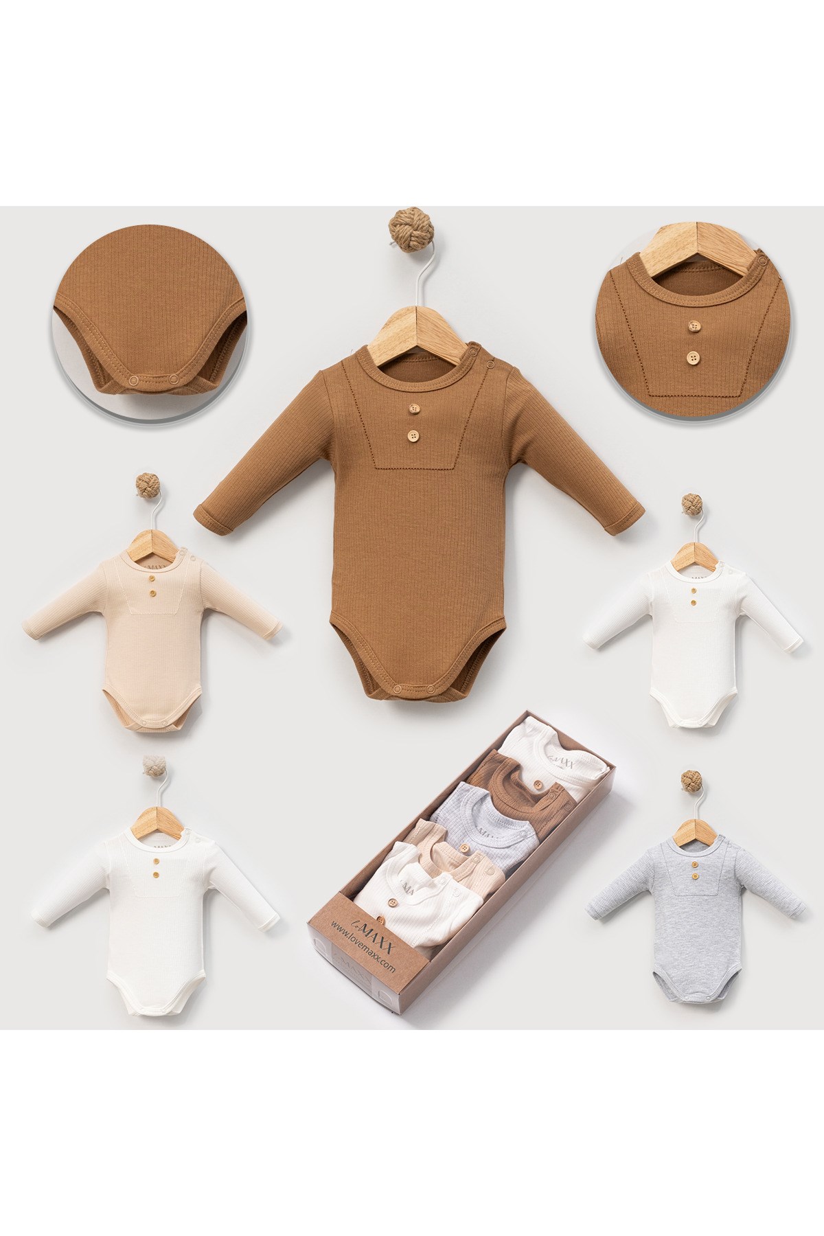 BEBEK UZUN KOLLU %100 PAMUKLU RAPORLU BİSİKLET YAKA ÇITÇITLI BODY&ZIBIN 5'Lİ TAKIM SET