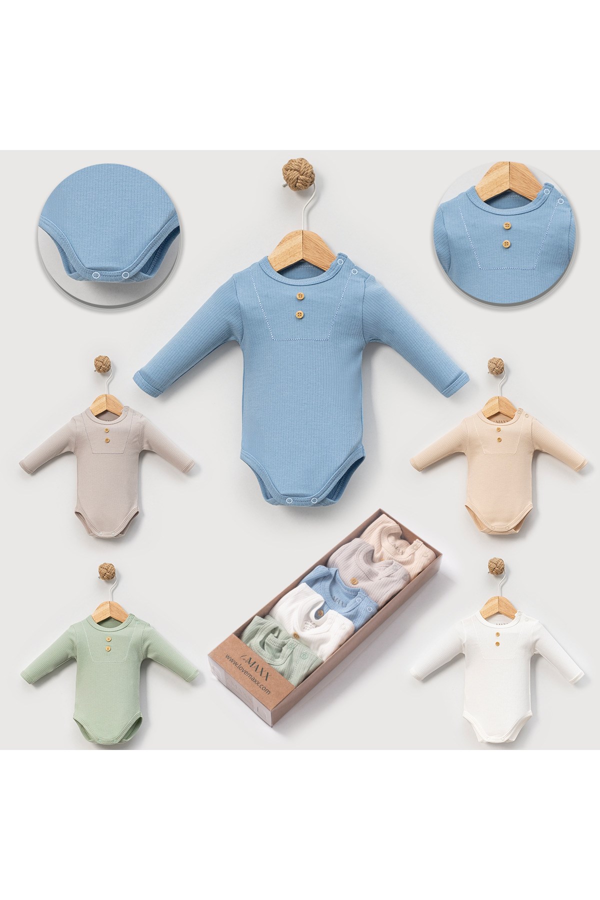 BEBEK UZUN KOLLU %100 PAMUKLU RAPORLU BİSİKLET YAKA ÇITÇITLI BODY&ZIBIN 5'Lİ TAKIM SET