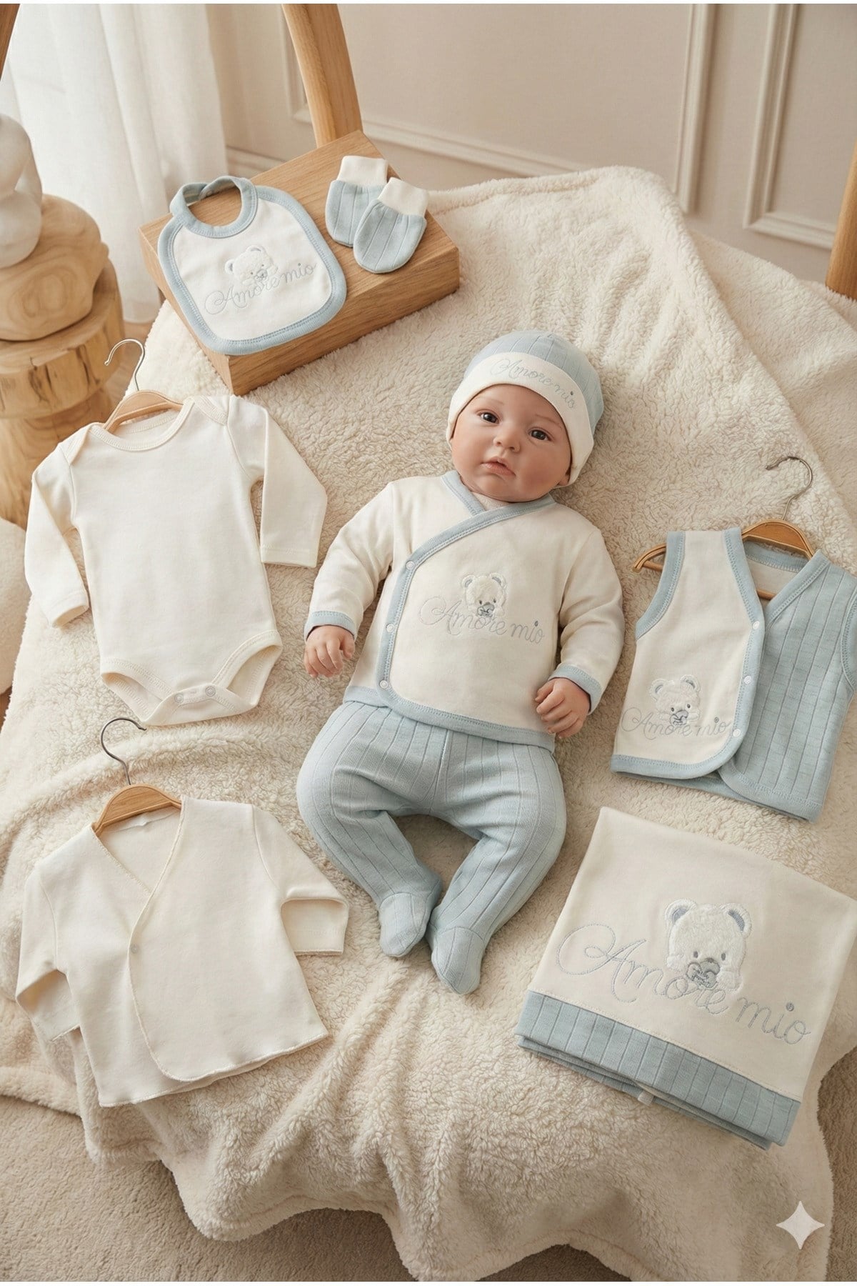 ERKEK BEBEK AMORE MİO NAKIŞLI AYICIK SÜZENELİ 10'LU YENİDOĞAN HASTANE ÇIKIŞI ZIBIN SETİ KUTULU