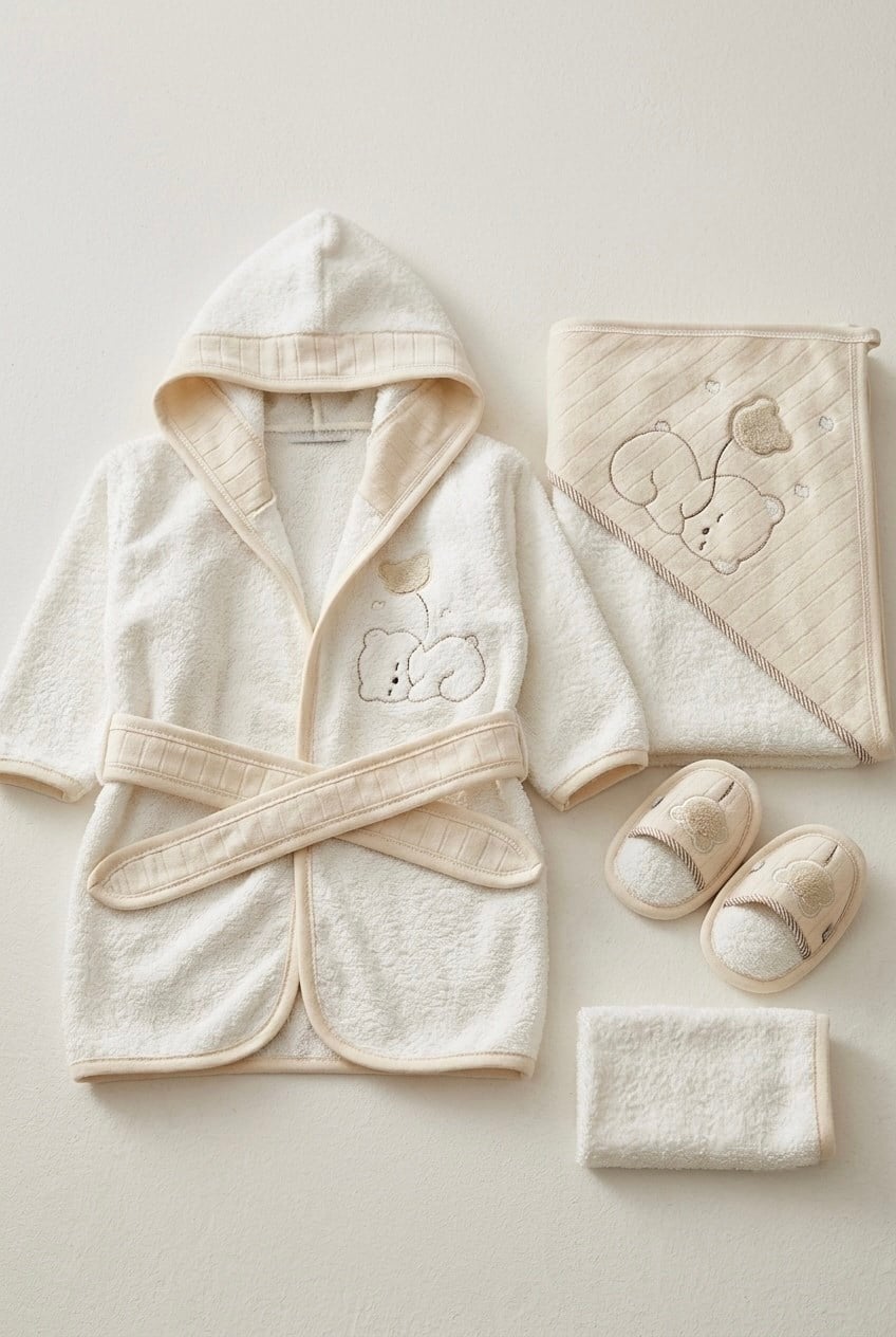Erkek Bebek Balonlu Ayıcık 4'lü Bornoz Seti Kutulu Bornoz Takımı