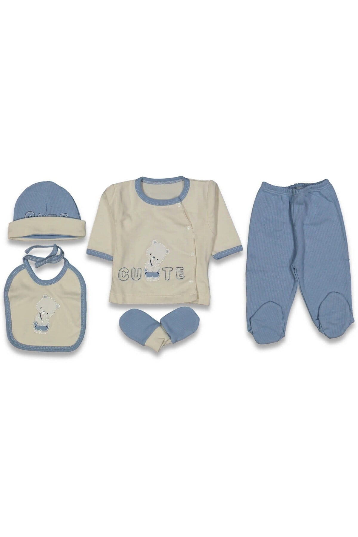 ERKEK BEBEK CUTE BEAR %100 PAMUK 0-3 AY 5'Lİ YENİDOĞAN HASTANE ÇIKIŞI ZIBIN SETİ