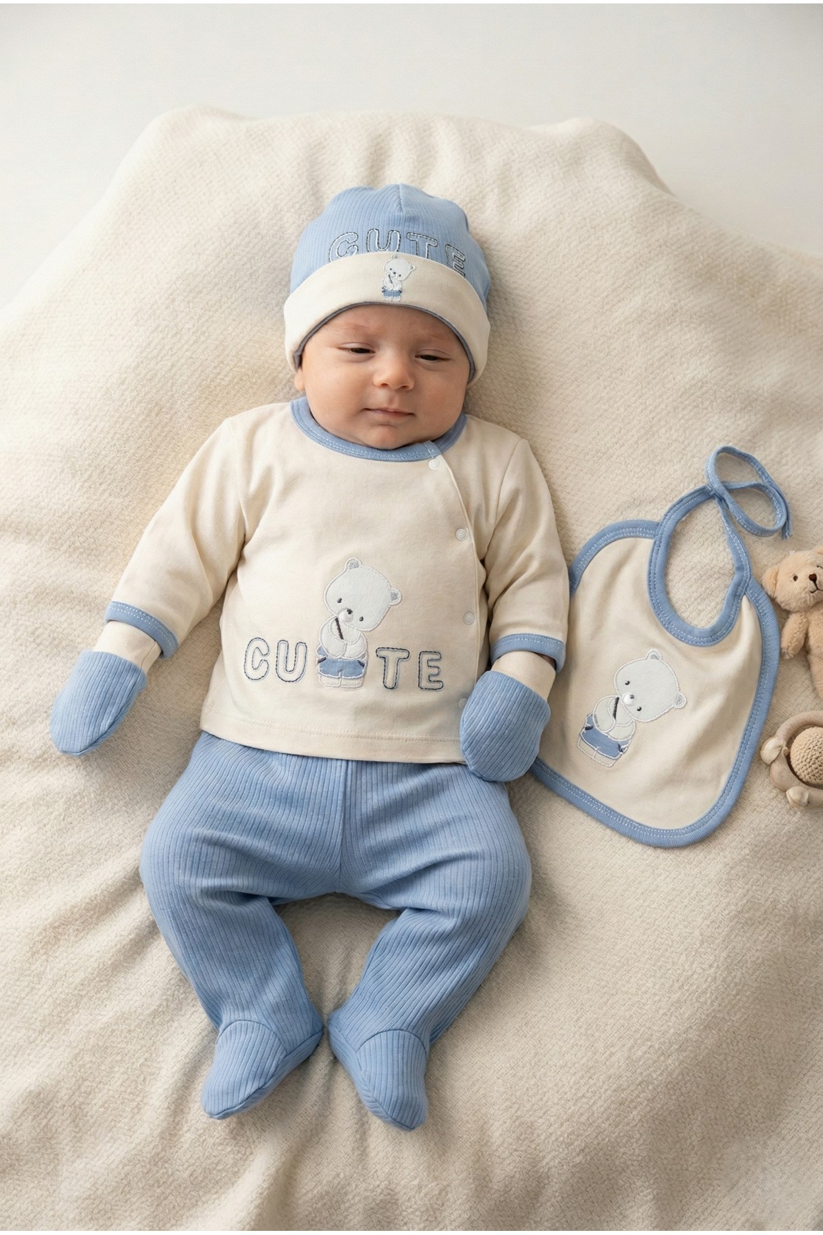 ERKEK BEBEK CUTE BEAR %100 PAMUK 0-3 AY 5'Lİ YENİDOĞAN HASTANE ÇIKIŞI ZIBIN SETİ