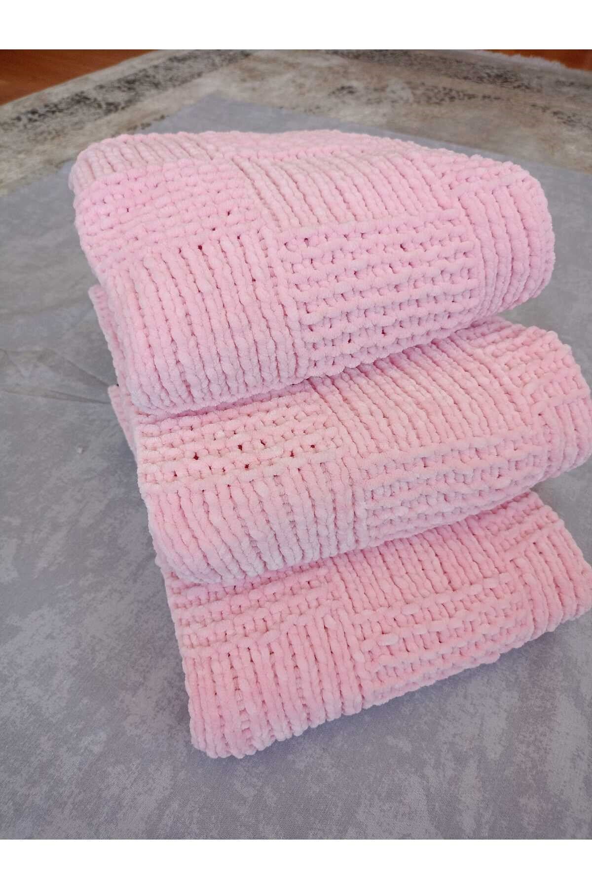 Kadife el örgü pembe bebek battaniyesi & diz battaniyesi