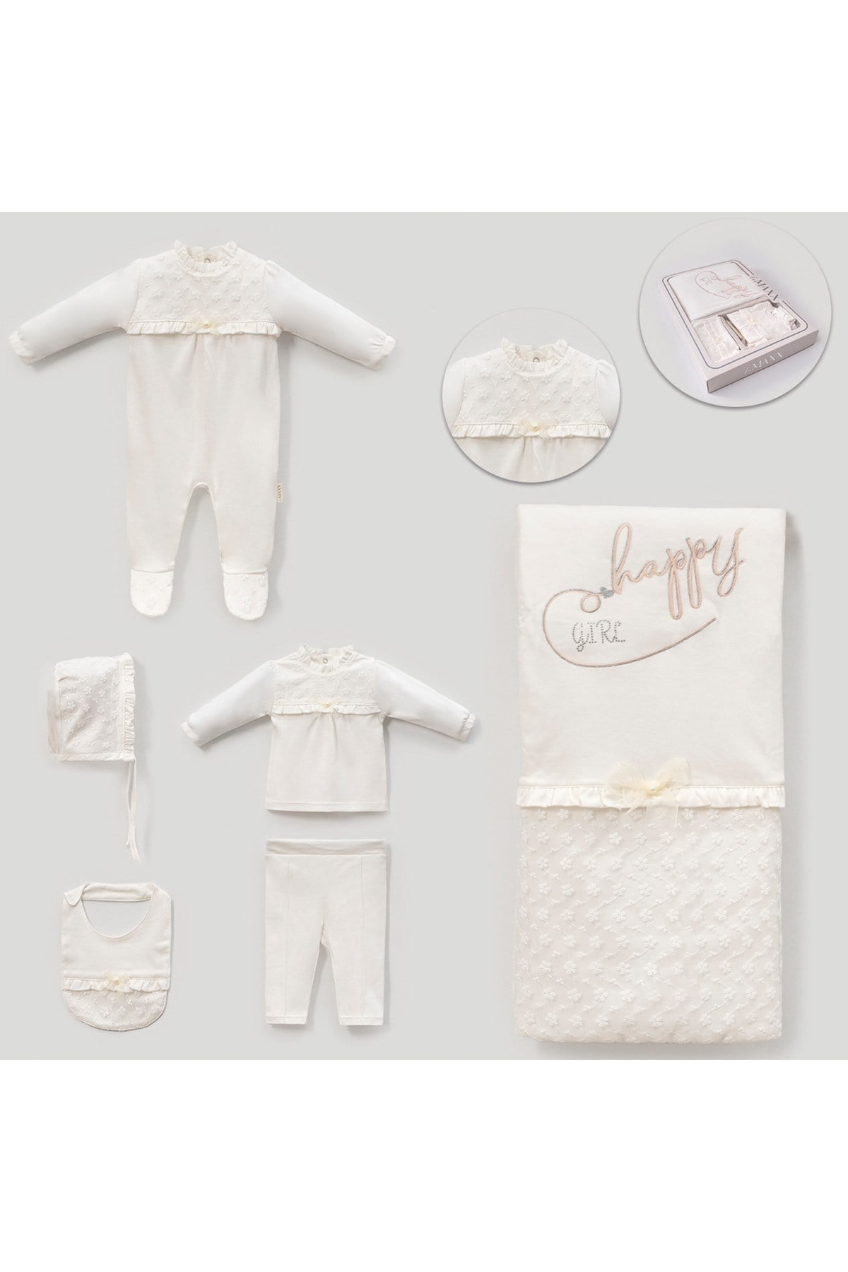 KIZ BEBEK 0-3 AY HAPPY GIRL KUTULU 6'LI YENİDOĞAN HASTANE ÇIKIŞI ZIBIN SETİ
