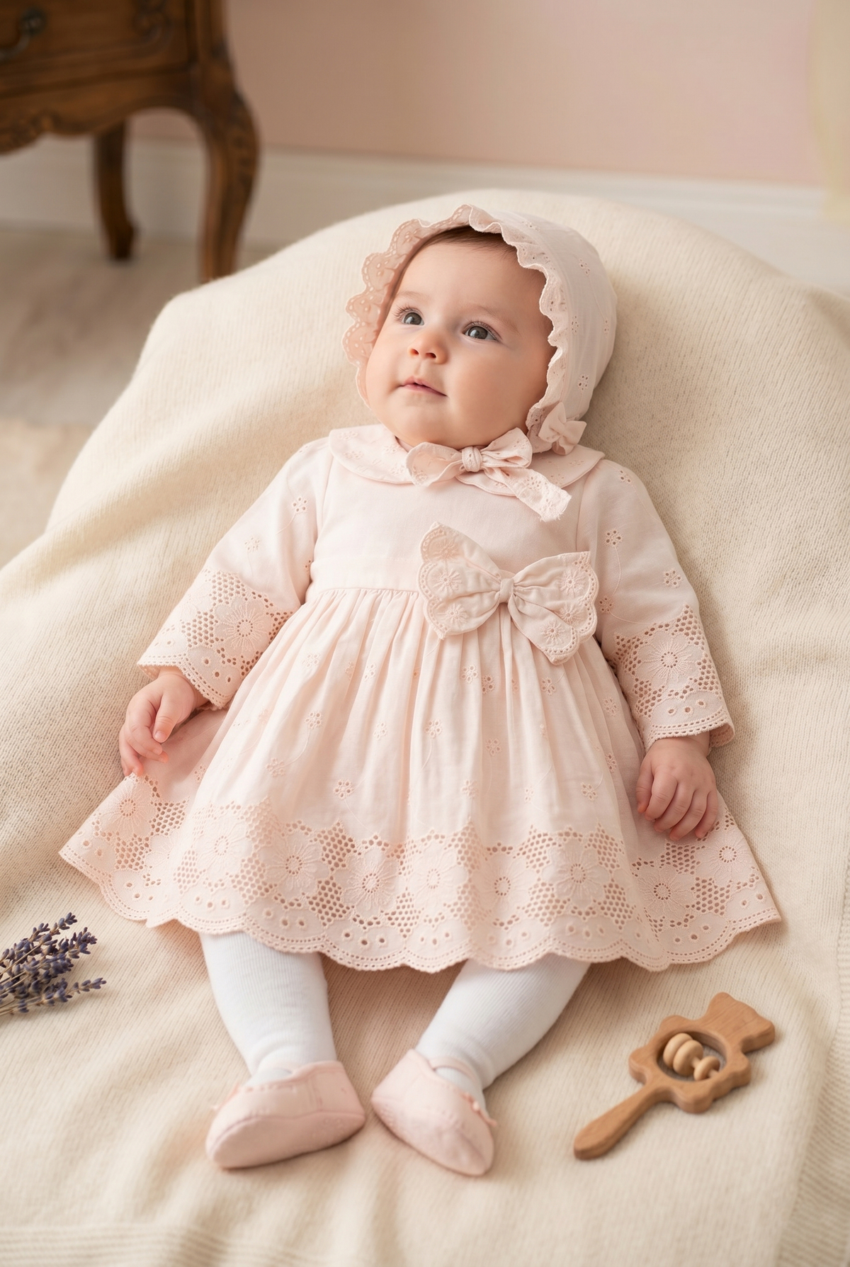 Kız Bebek Manolya 4'lü Premium %100 Pamuk Mevlüt Seti 0-3/3-6 Ay Yenidoğan Kız Bebek Elbisesi