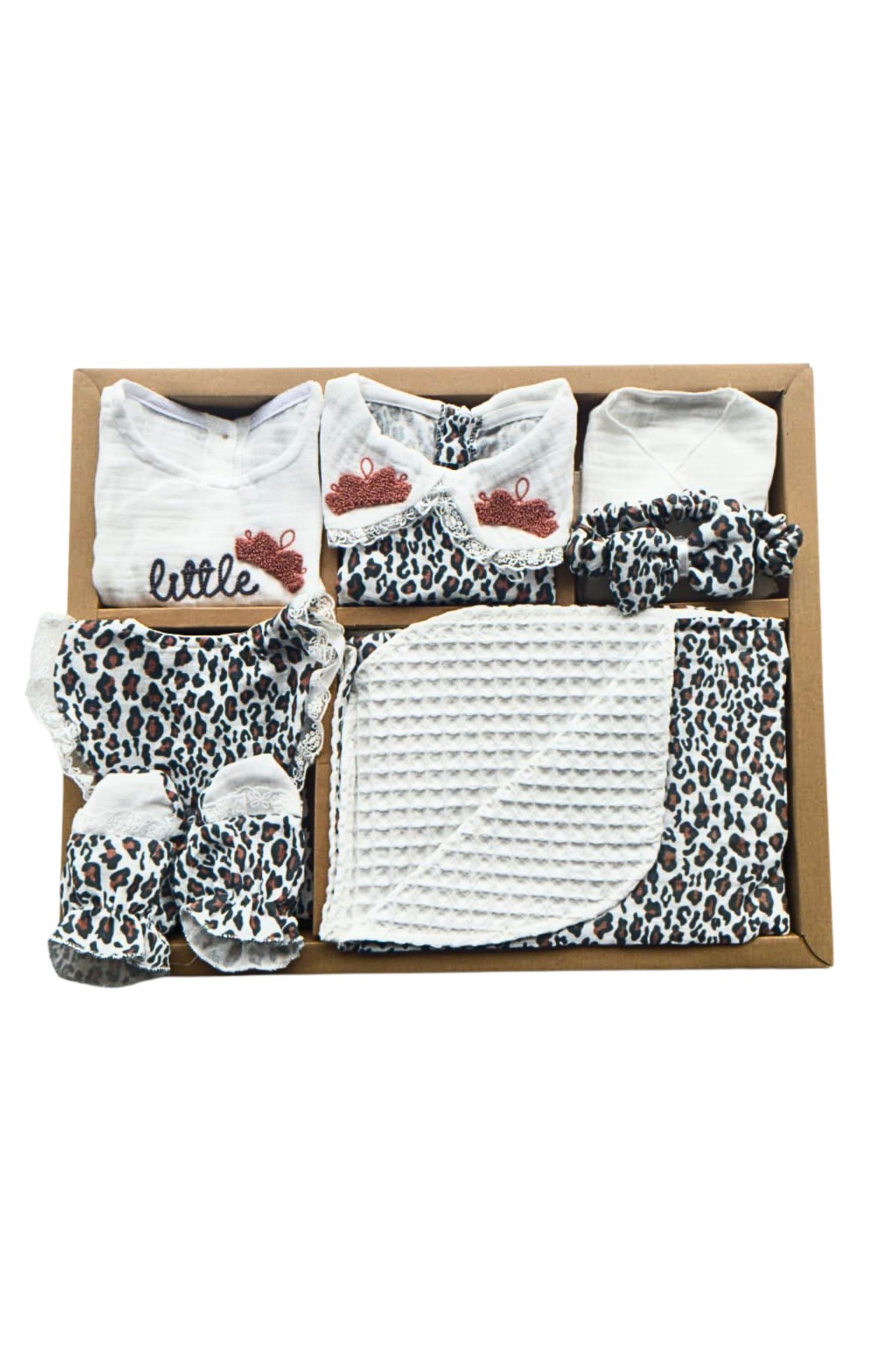 KIZ BEBEK MÜSLİN LEOPAR DESENLİ %100 PAMUK 10'LU YENİDOĞAN HASTANE ÇIKIŞI ZIBIN SETİ