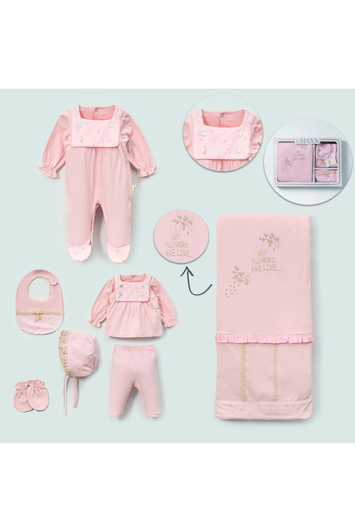 KIZ BEBEK MY FLOWERS 7'Lİ YENİDOĞAN HASTANE ÇIKIŞI ZIBIN SET KUTULU