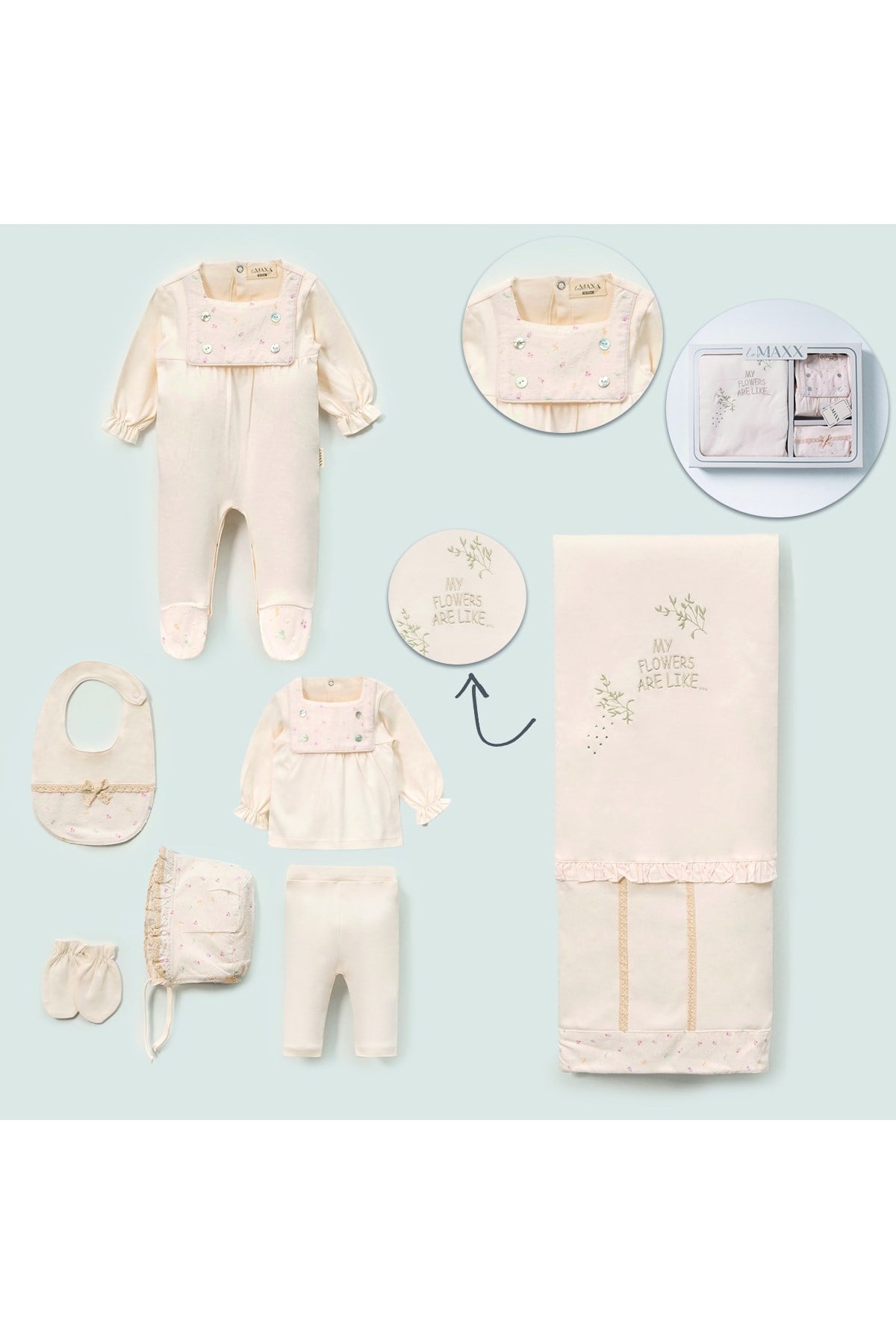 KIZ BEBEK MY FLOWERS 7'Lİ YENİDOĞAN HASTANE ÇIKIŞI ZIBIN SET KUTULU