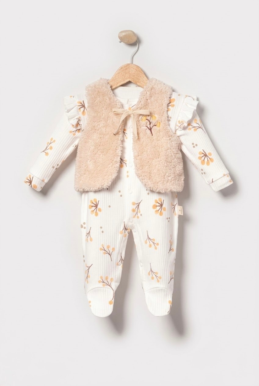 Kız Bebek Peluş Yelekli Tulum 0-3/3-6 Ay Tulum seti Yenidoğan Hastane Çıkışı Bebek Kıyafetleri