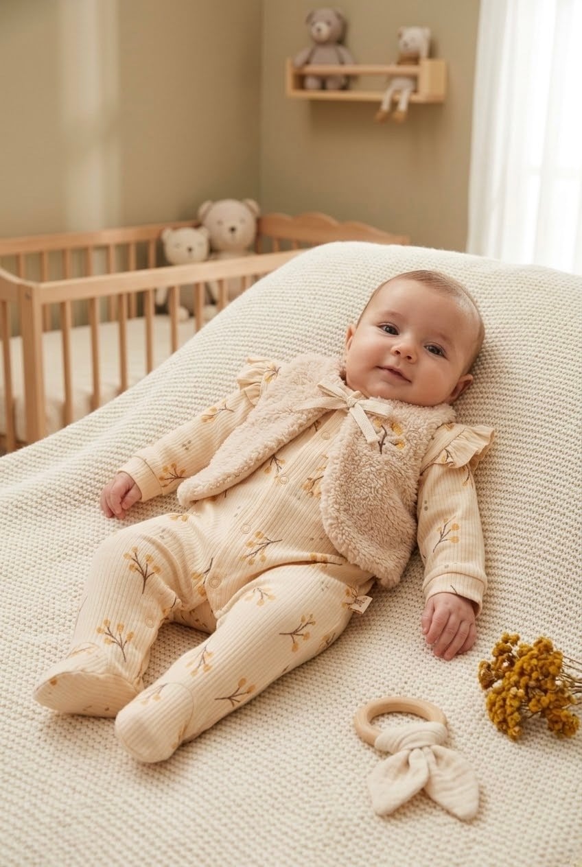 Kız Bebek Peluş Yelekli Tulum 0-3/3-6 Ay Tulum seti Yenidoğan Hastane Çıkışı Bebek Kıyafetleri