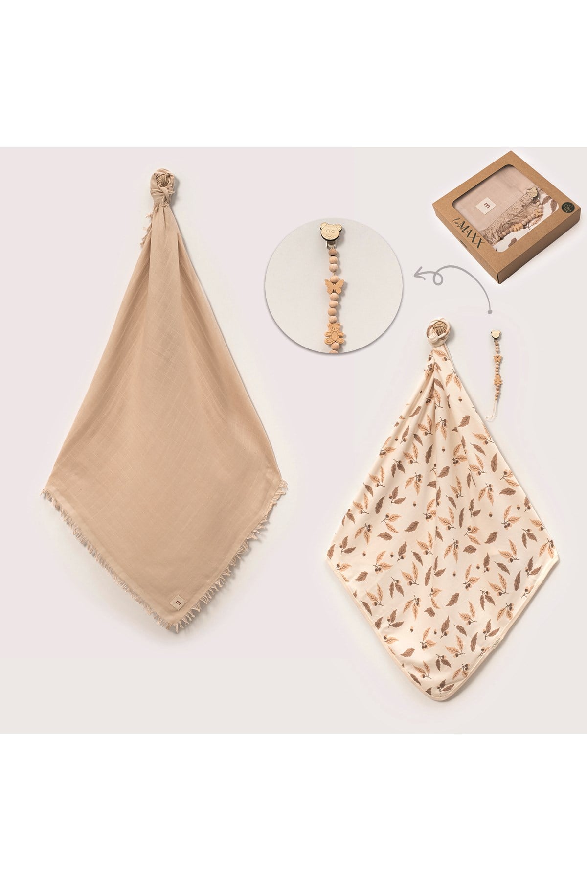 YAPRAKLI NATUREL EMZİK TUTACAĞI HEDİYELİ 85x115 cm MÜSLİN 80x90 cm PENYE BEBEK BATTANİYE SETİ